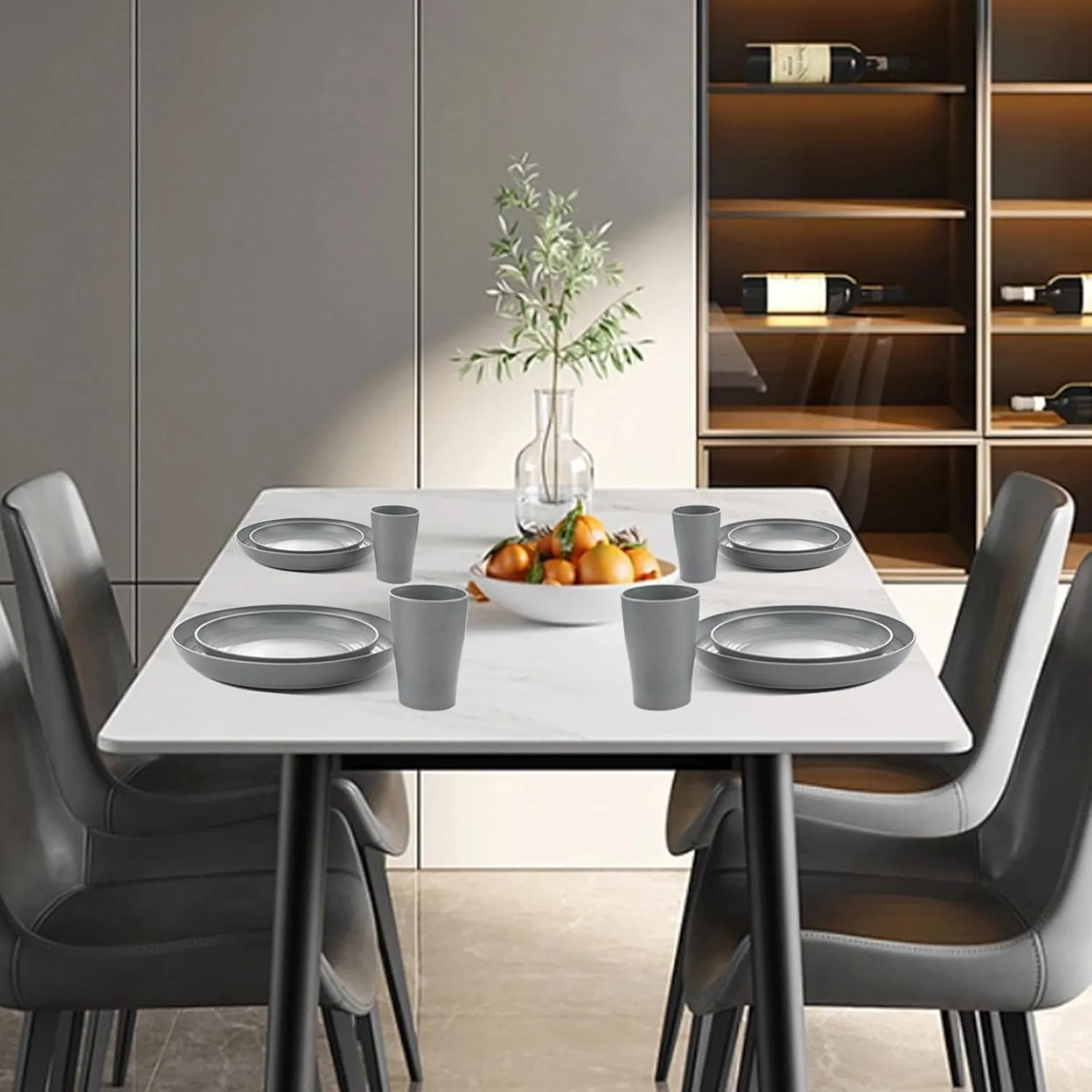 Supernal 32pcs Wheat Straw Dinnerware Sets,Unbreakable Dinnerware Sets for 8,Reusable Tableware,Straw Tableware,Dark Grey Set 16pcs Plates, 8pcs Bowls, 8pcs Cups
