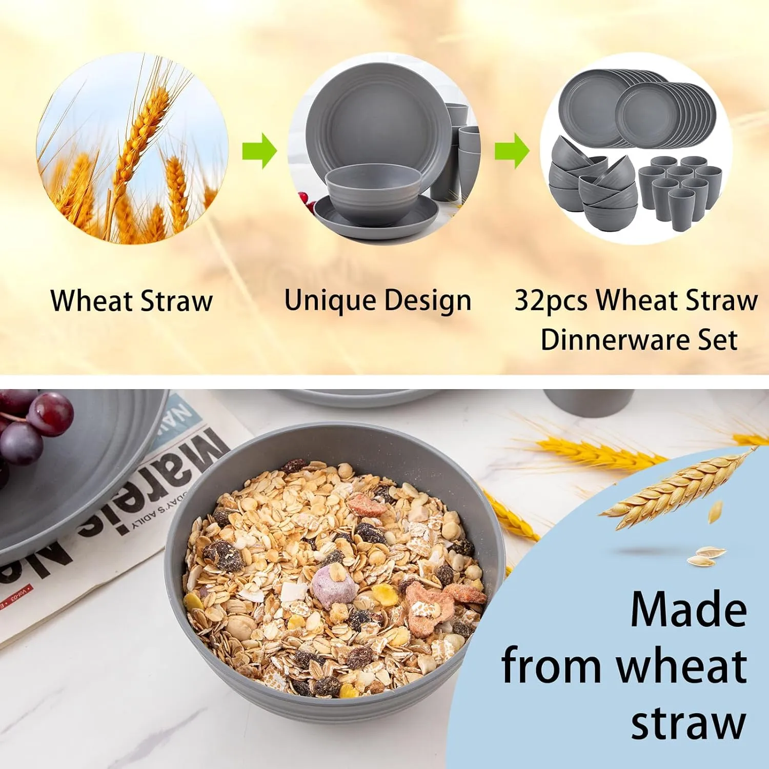 Supernal 32pcs Wheat Straw Dinnerware Sets,Unbreakable Dinnerware Sets for 8,Reusable Tableware,Straw Tableware,Dark Grey Set 16pcs Plates, 8pcs Bowls, 8pcs Cups