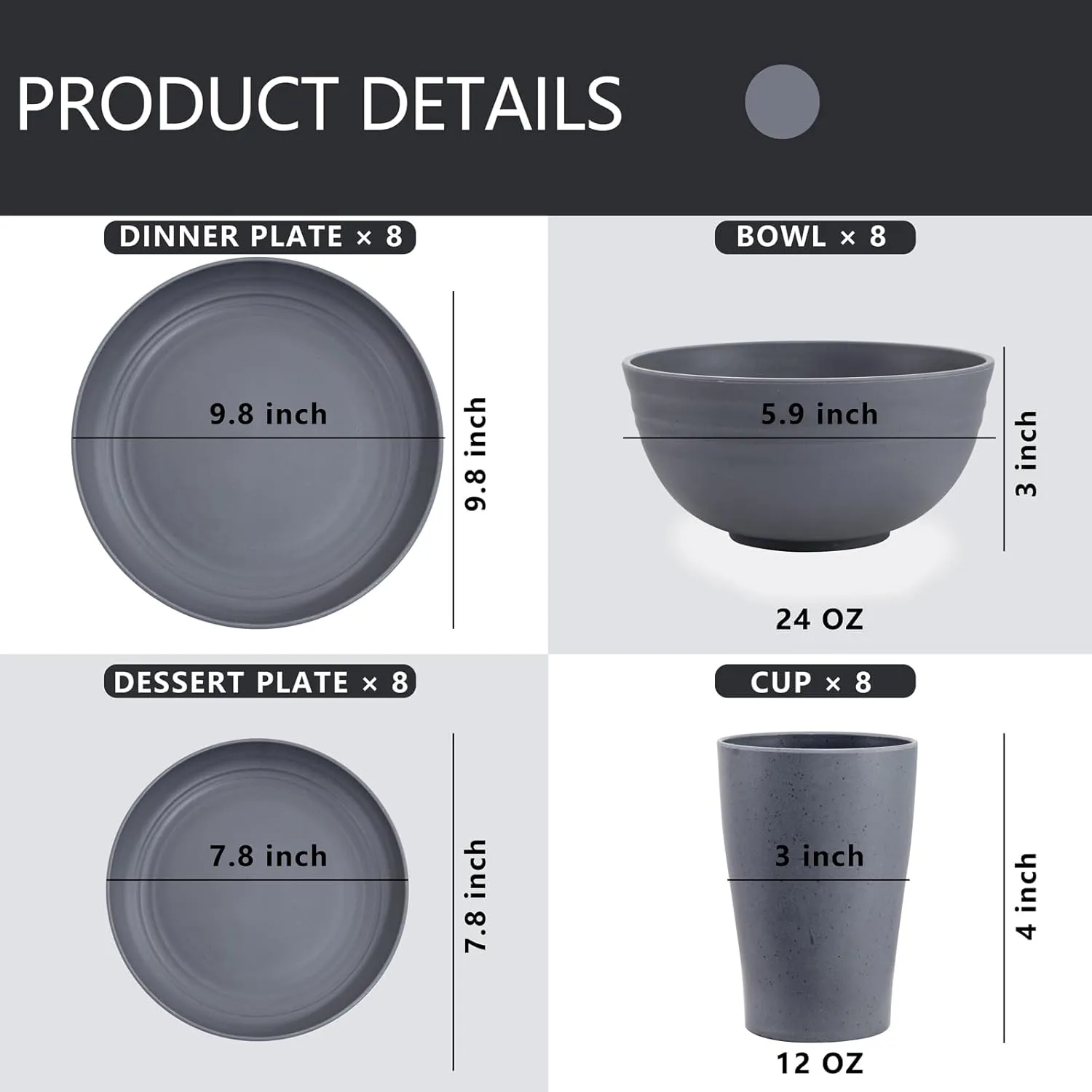 Supernal 32pcs Wheat Straw Dinnerware Sets,Unbreakable Dinnerware Sets for 8,Reusable Tableware,Straw Tableware,Dark Grey Set 16pcs Plates, 8pcs Bowls, 8pcs Cups
