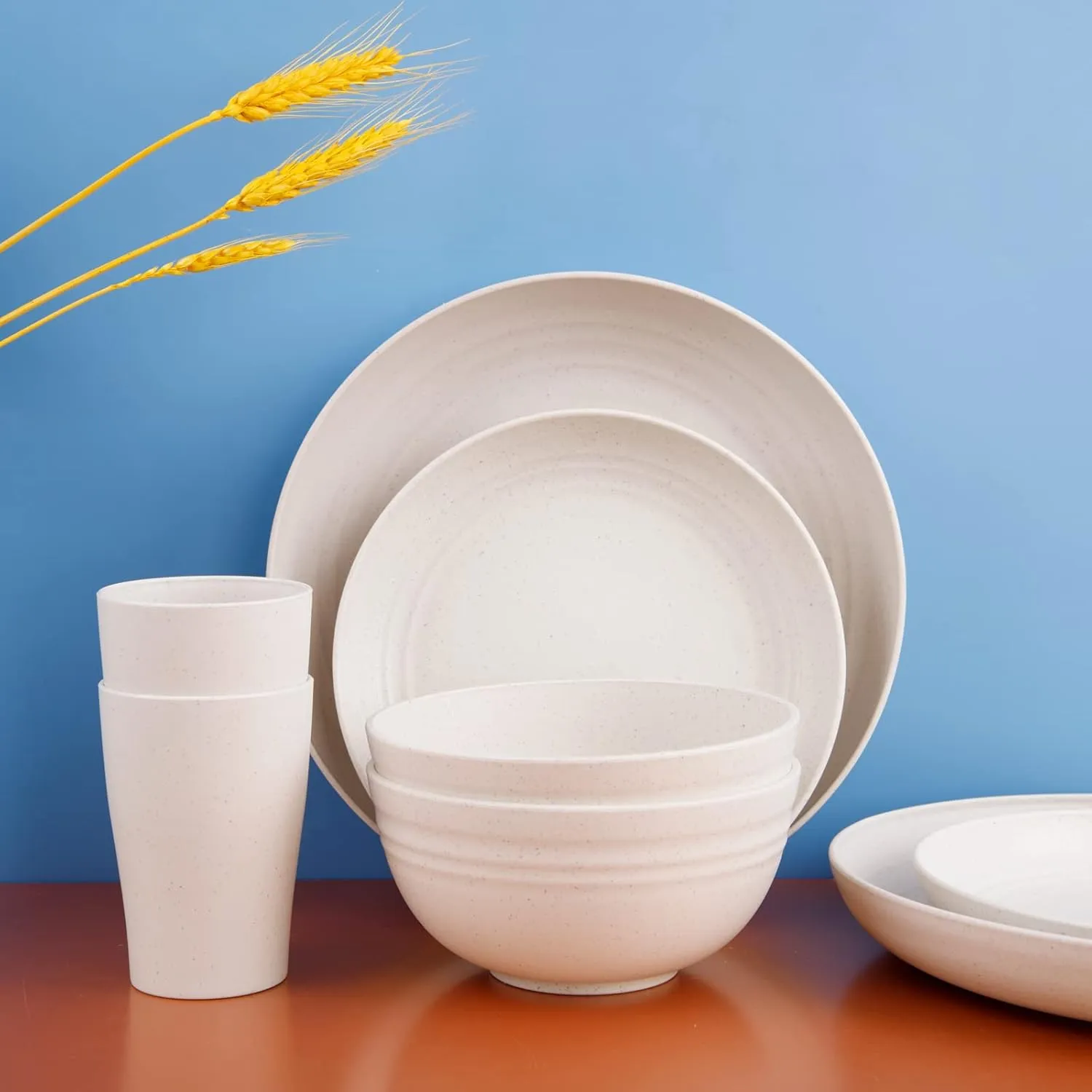 Supernal Wheat Straw Dinnerware Sets for 8,Microwave Dishwasher Safe,Unbreakable Dinnerware,Reusable Tableware Set,Beige Set 16pcs Plates, 8pcs Bowls, 8pcs Cups.