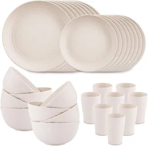 Supernal Wheat Straw Dinnerware Sets for 8,Microwave Dishwasher Safe,Unbreakable Dinnerware,Reusable Tableware Set,Beige Set 16pcs Plates, 8pcs Bowls, 8pcs Cups.