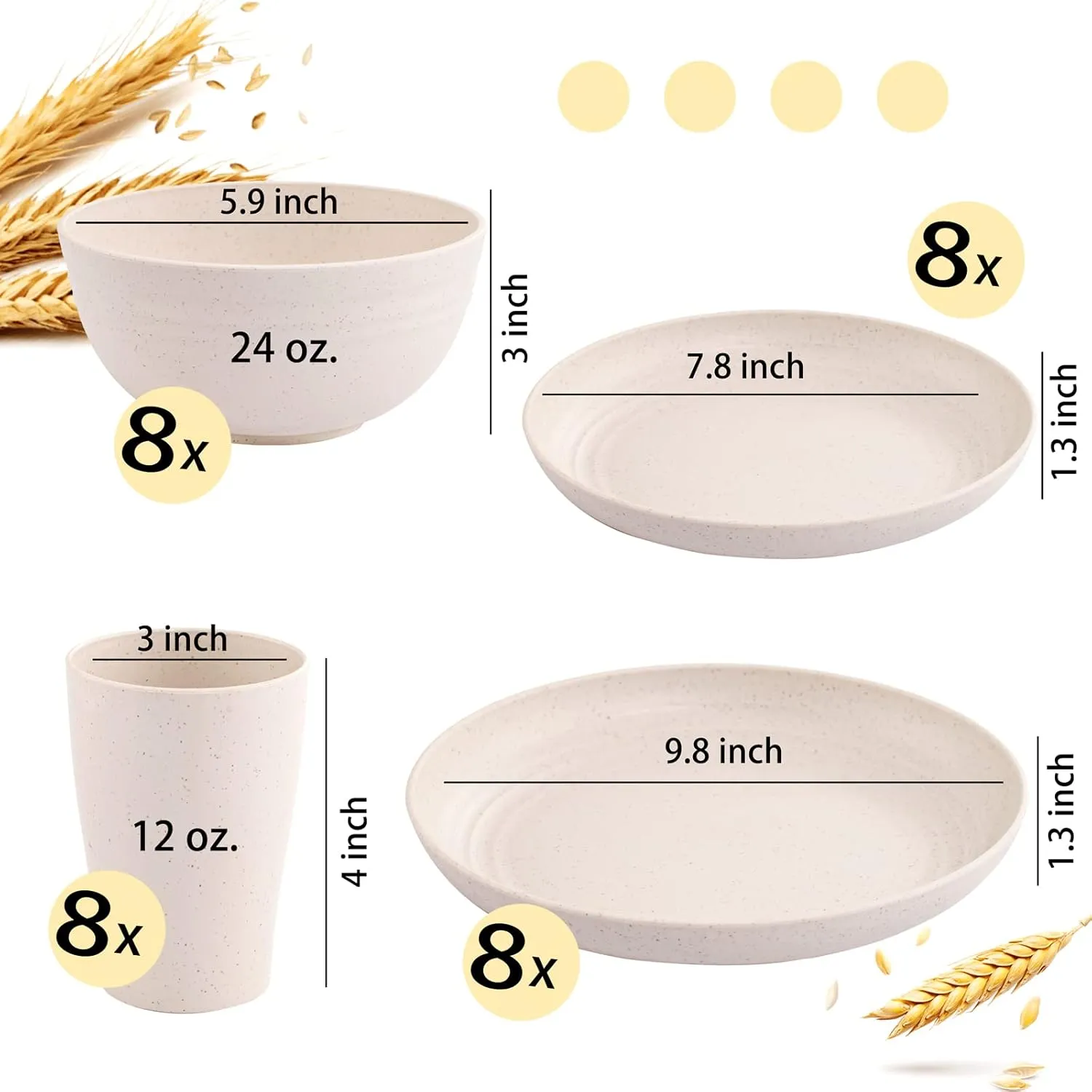 Supernal Wheat Straw Dinnerware Sets for 8,Microwave Dishwasher Safe,Unbreakable Dinnerware,Reusable Tableware Set,Beige Set 16pcs Plates, 8pcs Bowls, 8pcs Cups.