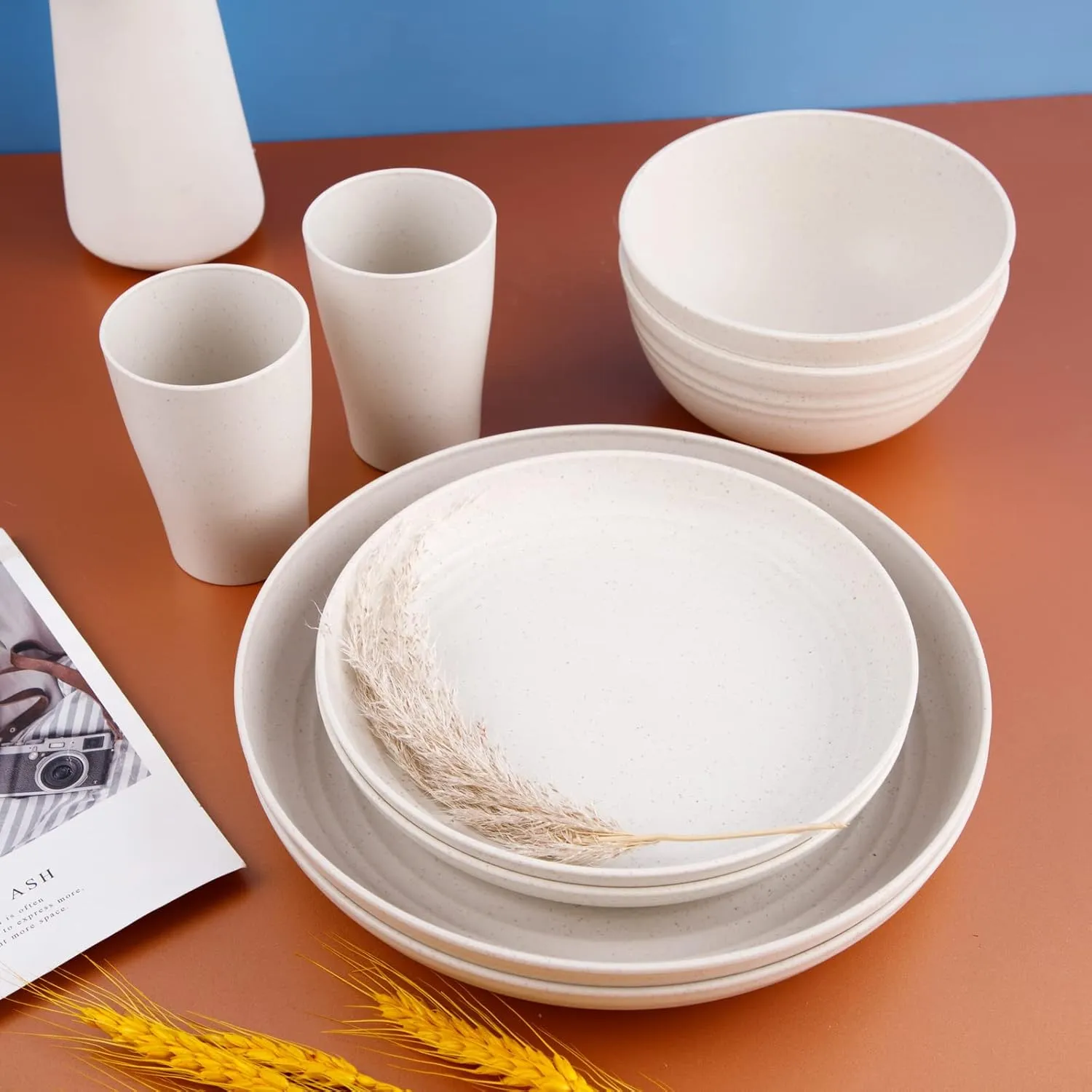 Supernal Wheat Straw Dinnerware Sets for 8,Microwave Dishwasher Safe,Unbreakable Dinnerware,Reusable Tableware Set,Beige Set 16pcs Plates, 8pcs Bowls, 8pcs Cups.