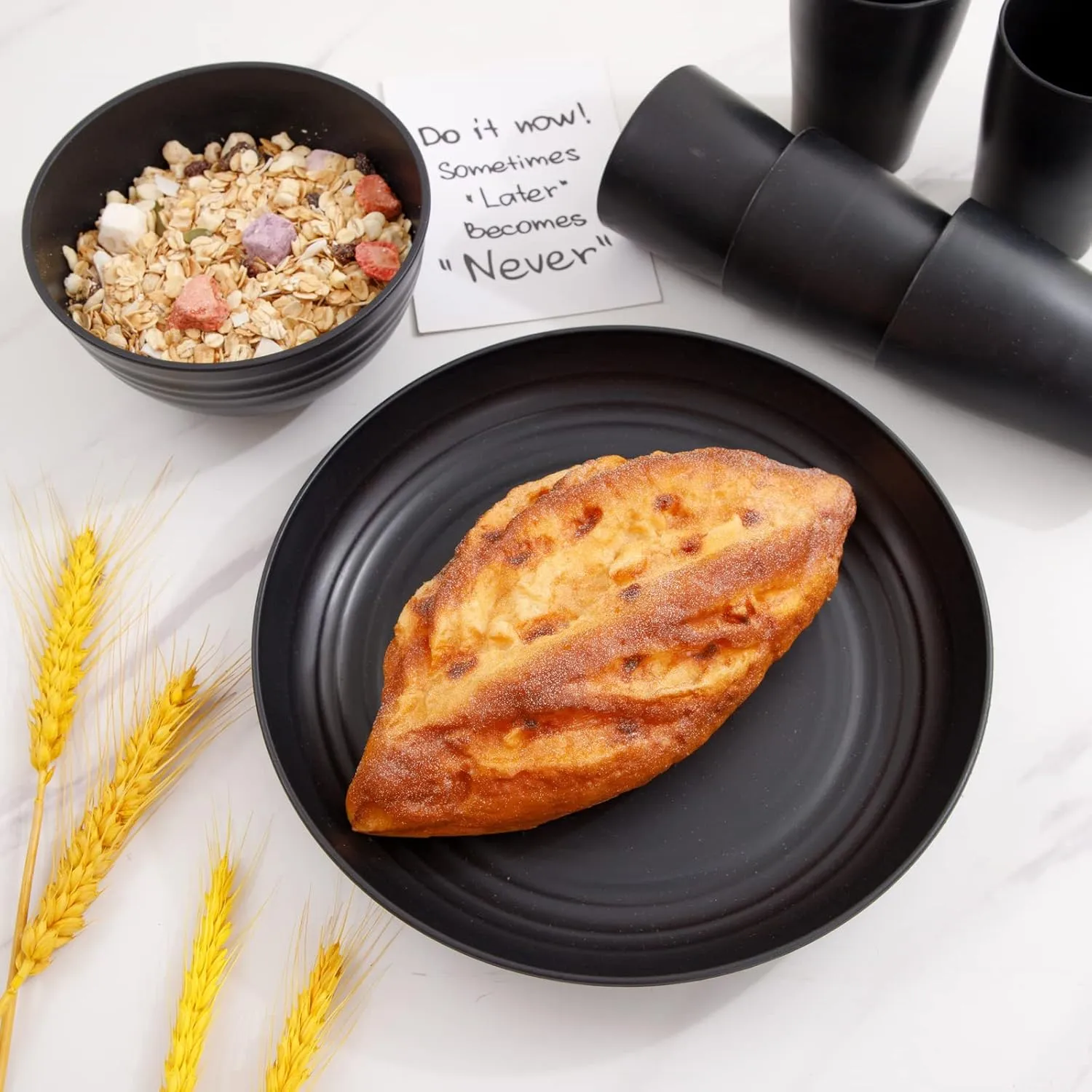 Supernal Wheat Straw Dinnerware Sets,Unbreakable Dinner Plates for 8,Microwave Dishwasher Safe,Reusable Dinnerware,Black Set 16pcs Plates, 8pcs Bowls, 8pcs Cups.