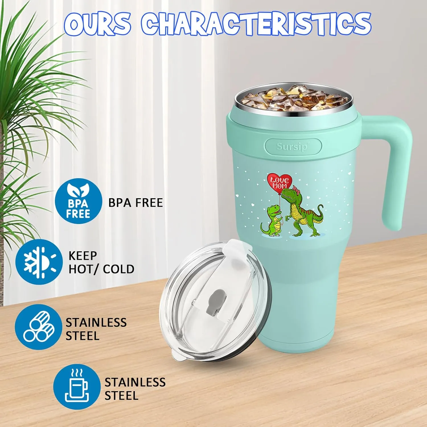 Sursip 40 oz Insulated Tumbler with Handle and Straw-Stainless Steel Vacuum Insulated Mug,Gifts for Women Men Him Her,Iced Tea or Coffee,Fit Car Holde(Green-Dinosaur)