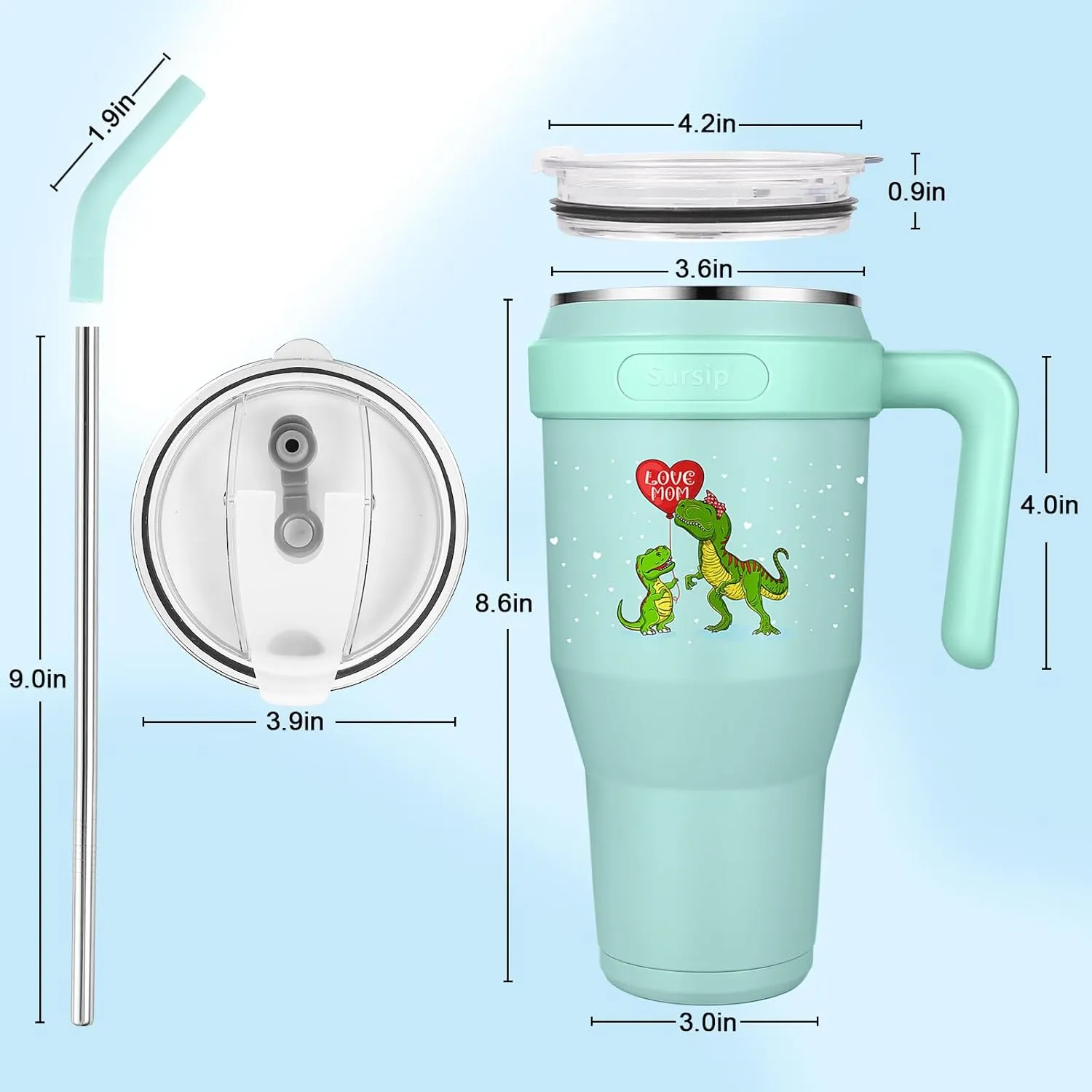 Sursip 40 oz Insulated Tumbler with Handle and Straw-Stainless Steel Vacuum Insulated Mug,Gifts for Women Men Him Her,Iced Tea or Coffee,Fit Car Holde(Green-Dinosaur)