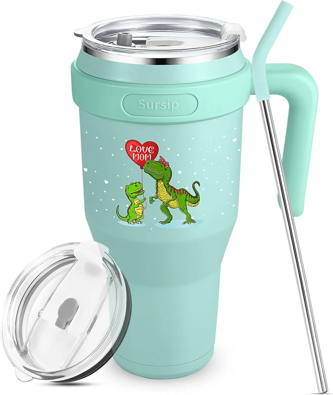 Sursip 40 oz Insulated Tumbler with Handle and Straw-Stainless Steel Vacuum Insulated Mug,Gifts for Women Men Him Her,Iced Tea or Coffee,Fit Car Holde(Green-Dinosaur)