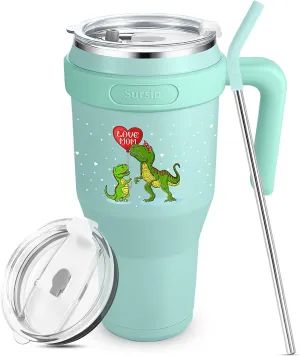 Sursip 40 oz Insulated Tumbler with Handle and Straw-Stainless Steel Vacuum Insulated Mug,Gifts for Women Men Him Her,Iced Tea or Coffee,Fit Car Holde(Green-Dinosaur)