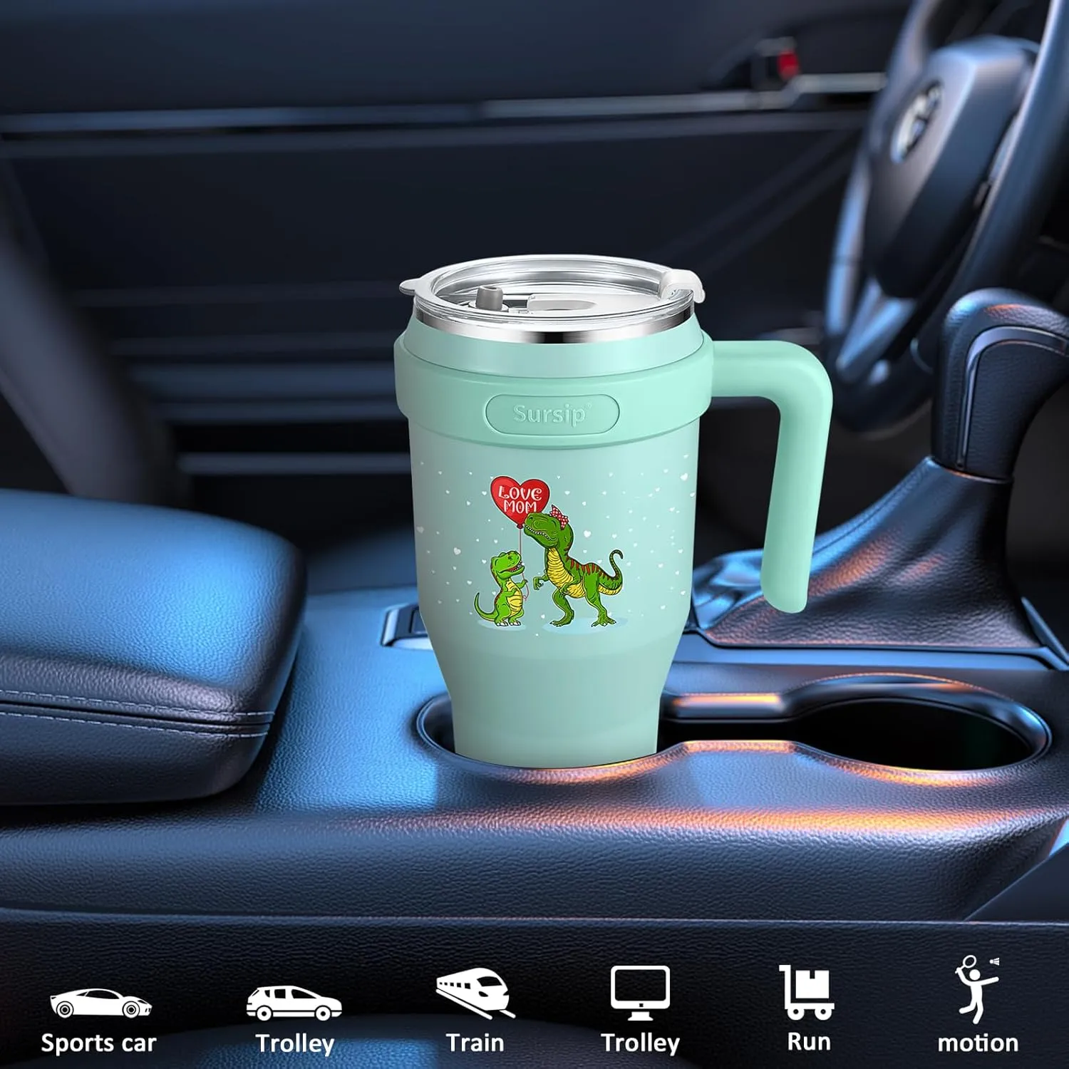Sursip 40 oz Insulated Tumbler with Handle and Straw-Stainless Steel Vacuum Insulated Mug,Gifts for Women Men Him Her,Iced Tea or Coffee,Fit Car Holde(Green-Dinosaur)