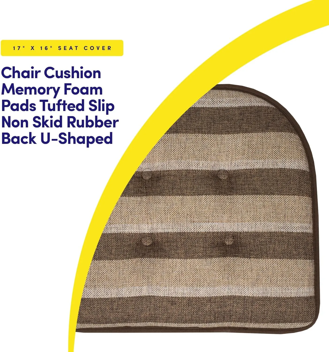 Sweet Home Collection Chair Cushion Memory Foam Pads Tufted Slip Non Skid Rubber Back U-Shaped 17" x 16" Seat Cover, Bradford Chocolate/Beige (Pack of 4)