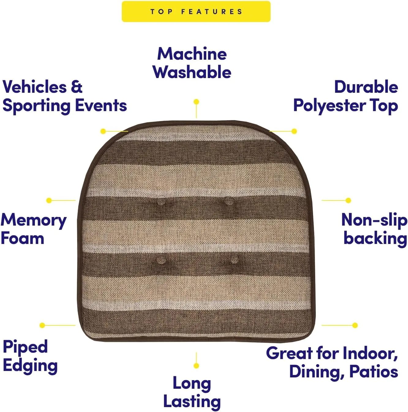 Sweet Home Collection Chair Cushion Memory Foam Pads Tufted Slip Non Skid Rubber Back U-Shaped 17" x 16" Seat Cover, Bradford Chocolate/Beige (Pack of 4)