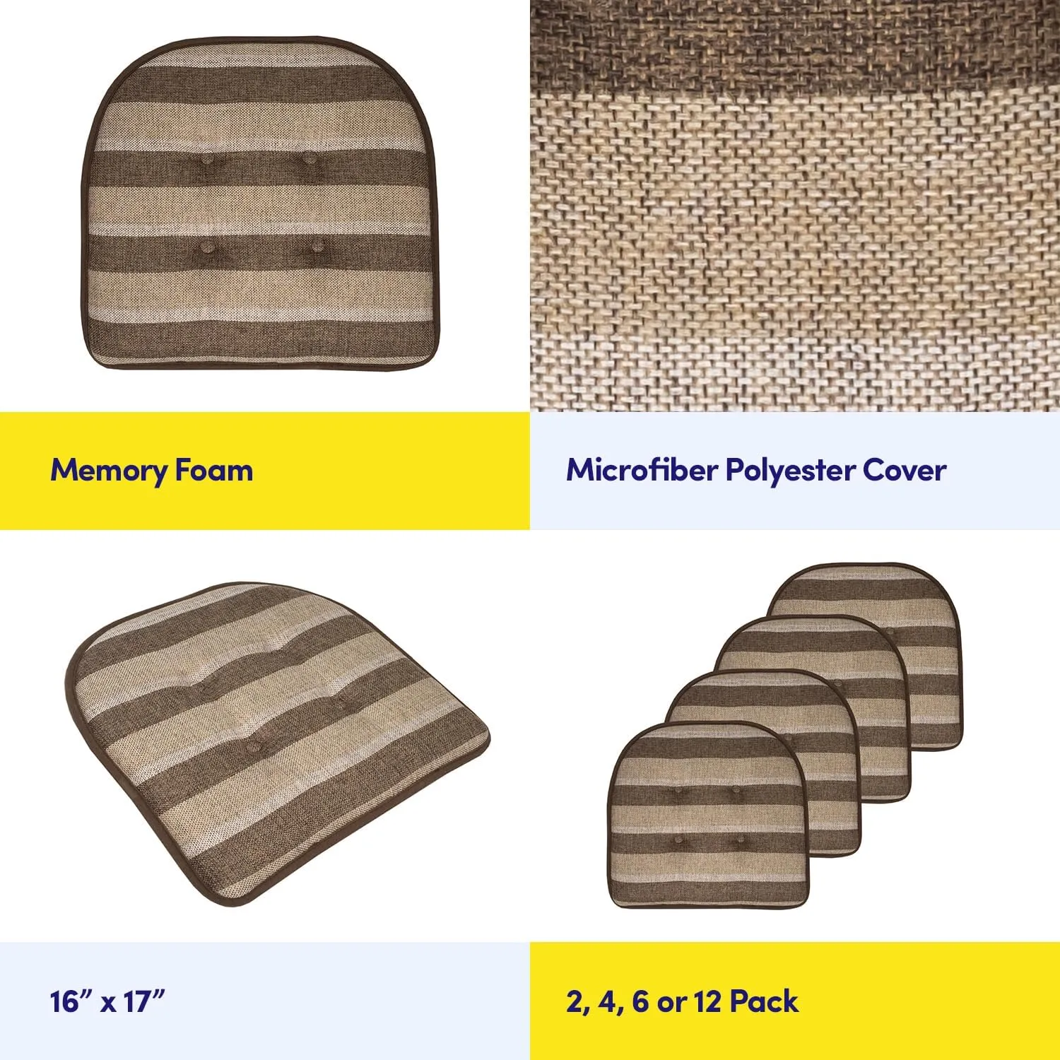 Sweet Home Collection Chair Cushion Memory Foam Pads Tufted Slip Non Skid Rubber Back U-Shaped 17" x 16" Seat Cover, Bradford Chocolate/Beige (Pack of 4)