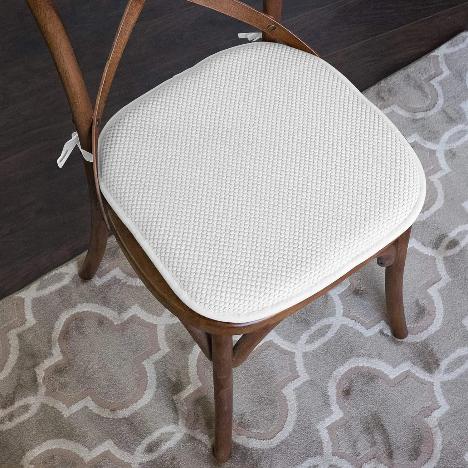 Sweet Home Collection Chair Cushion Memory Foam Pads with Ties Honeycomb Pattern Slip Non Skid Rubber Back Rounded Square 16" x 16" Seat Cover, 6 Pack, White 6 Pack