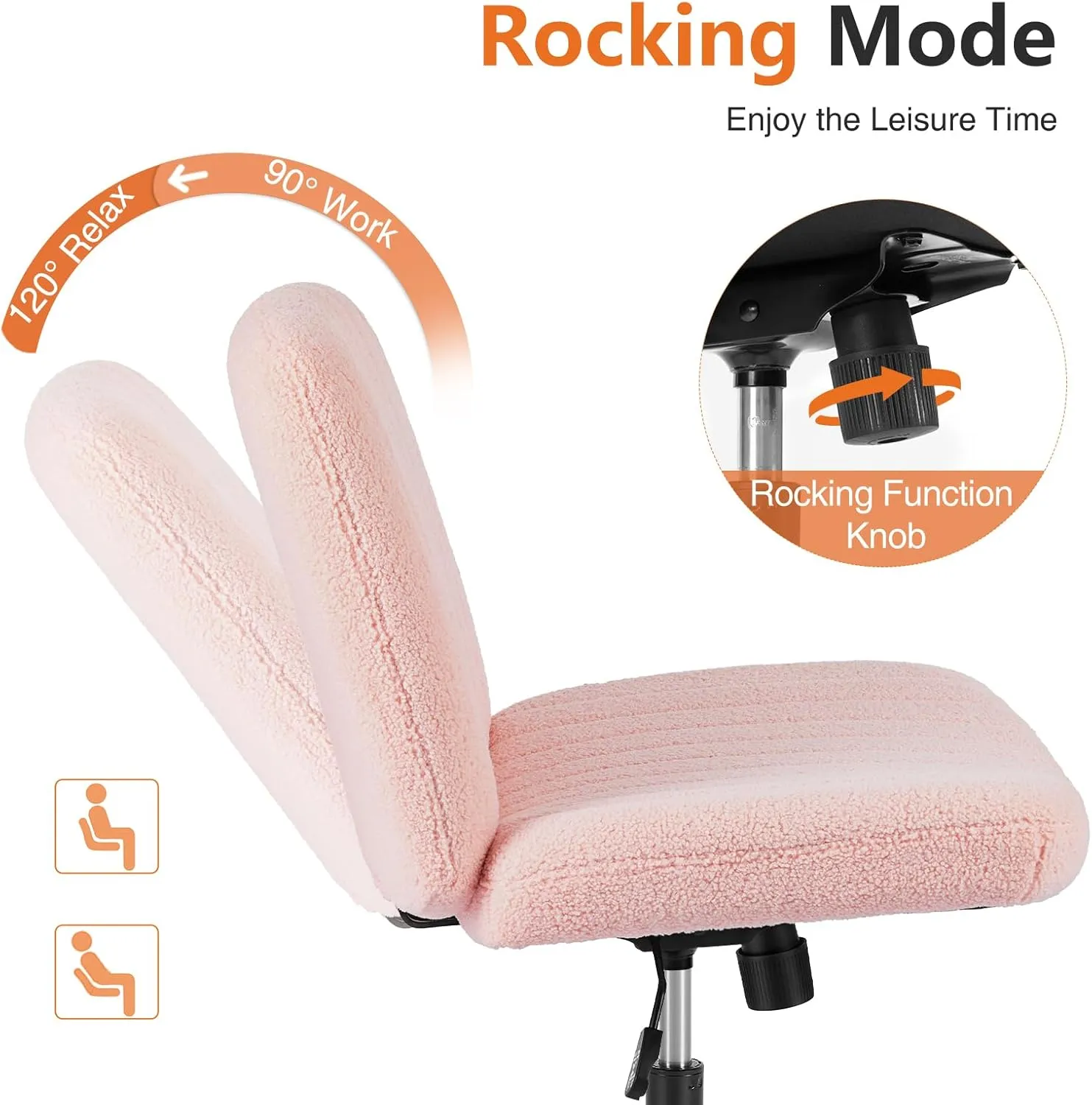 Sweetcrispy Criss Cross Chair Legged, Armless Office Swivel Desk Chair with Wheels, Vanity Height Adjustable Wide Seat Computer Task Seating - Teddy Pink