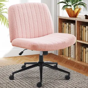 Sweetcrispy Criss Cross Chair Legged, Armless Office Swivel Desk Chair with Wheels, Vanity Height Adjustable Wide Seat Computer Task Seating - Teddy Pink
