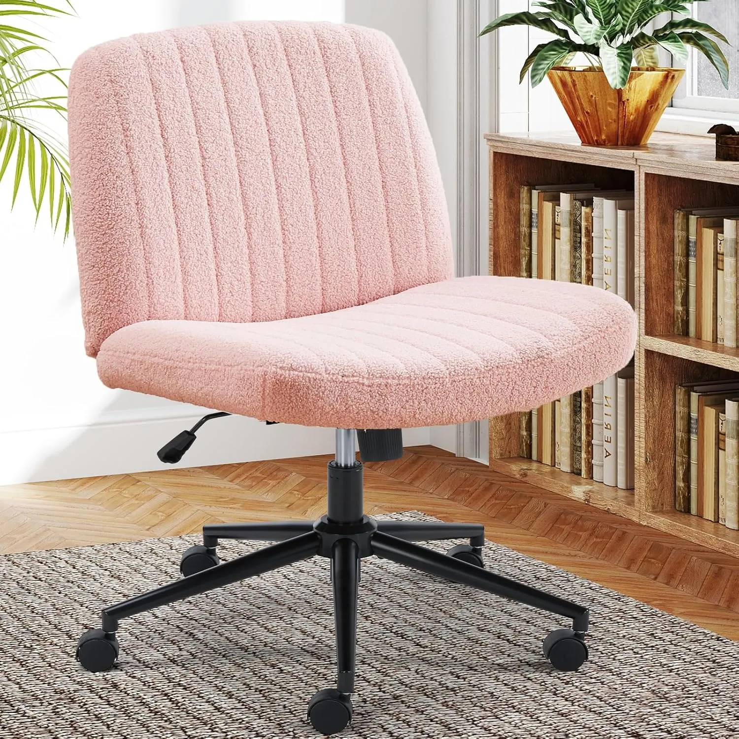Sweetcrispy Criss Cross Chair Legged, Armless Office Swivel Desk Chair with Wheels, Vanity Height Adjustable Wide Seat Computer Task Seating - Teddy Pink