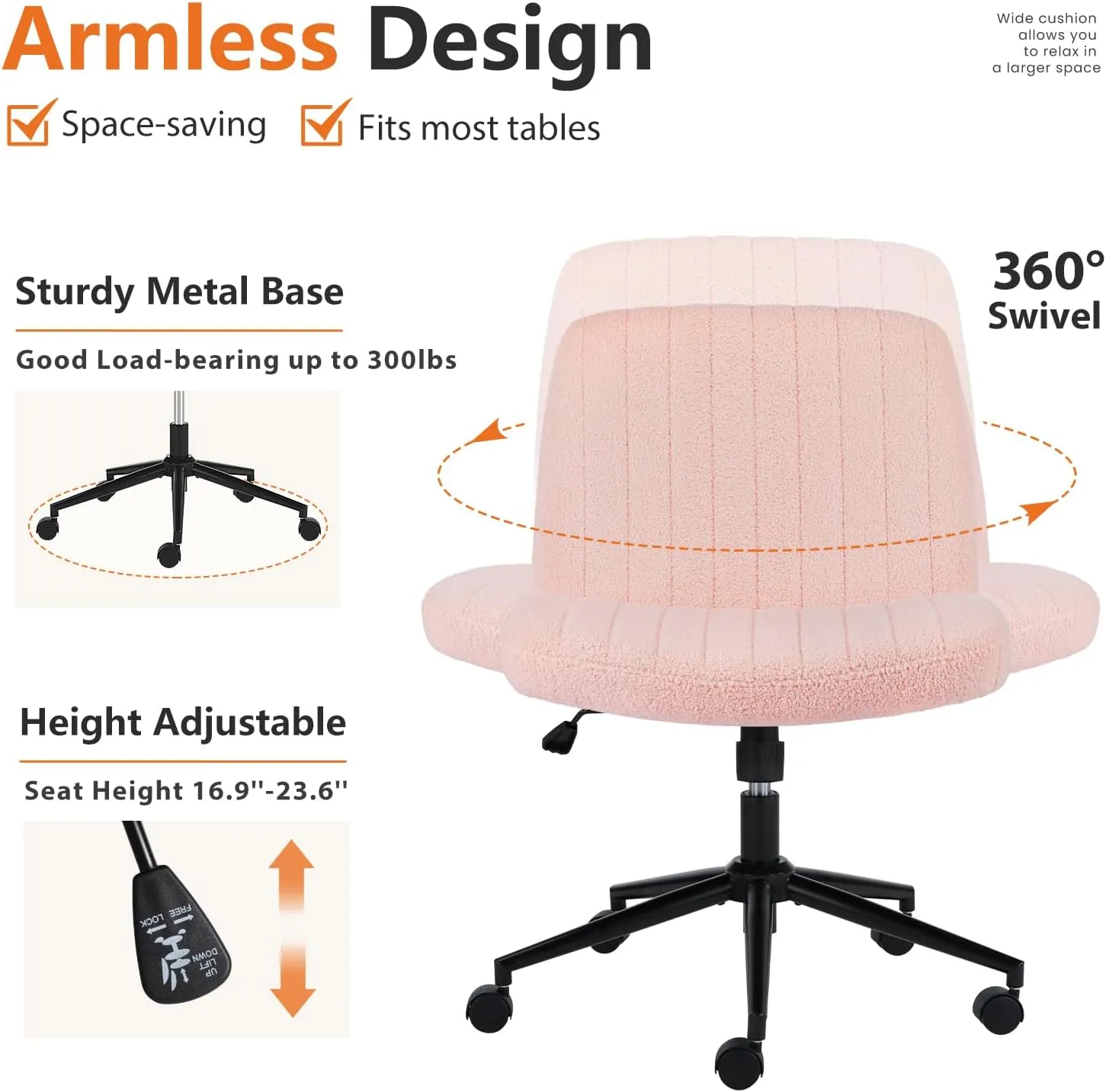 Sweetcrispy Criss Cross Chair Legged, Armless Office Swivel Desk Chair with Wheels, Vanity Height Adjustable Wide Seat Computer Task Seating - Teddy Pink