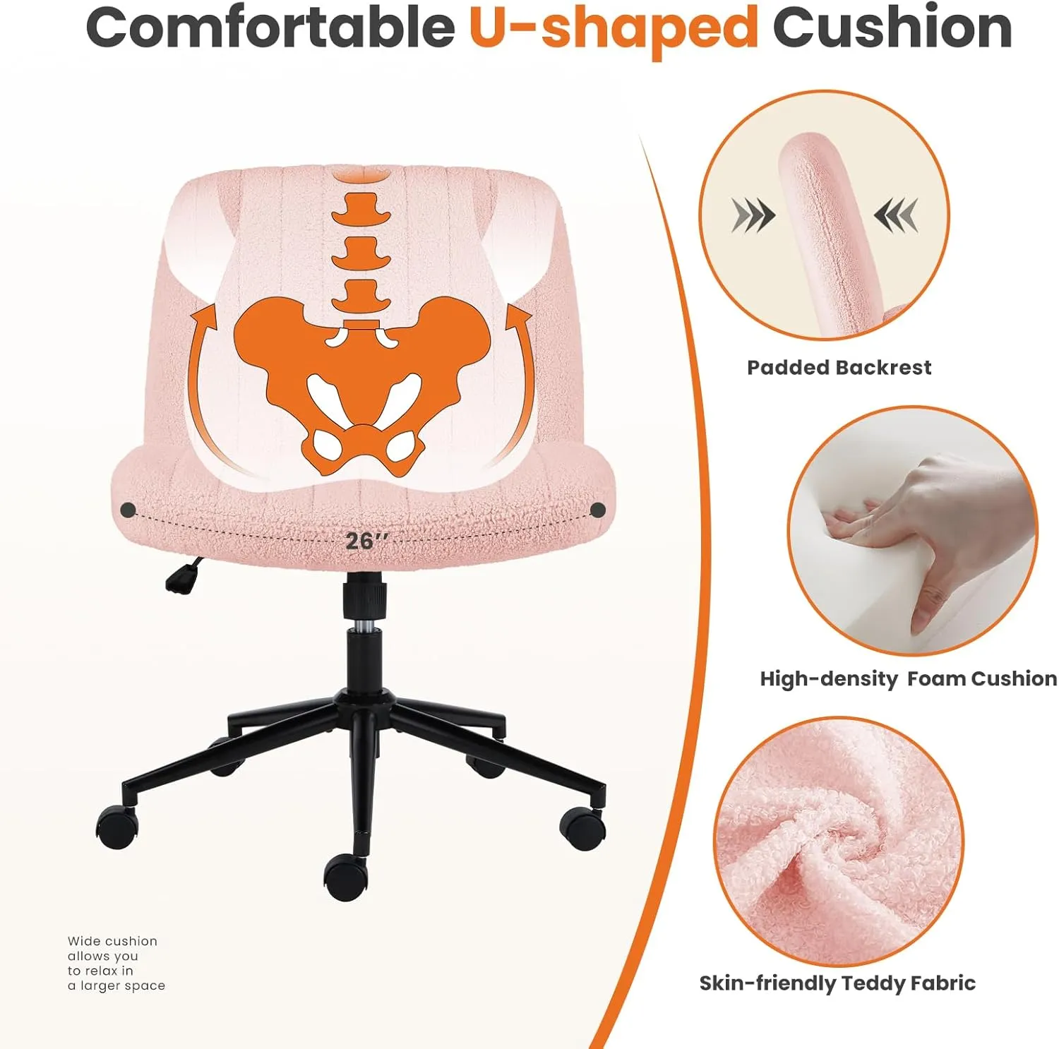 Sweetcrispy Criss Cross Chair Legged, Armless Office Swivel Desk Chair with Wheels, Vanity Height Adjustable Wide Seat Computer Task Seating - Teddy Pink