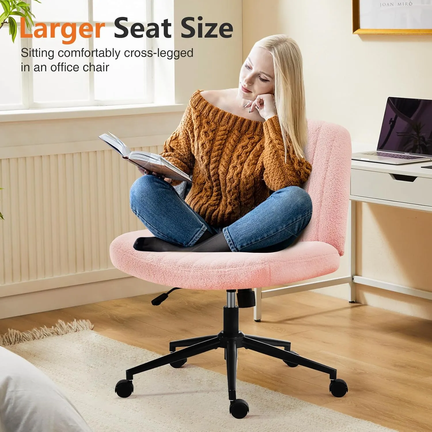 Sweetcrispy Criss Cross Chair Legged, Armless Office Swivel Desk Chair with Wheels, Vanity Height Adjustable Wide Seat Computer Task Seating - Teddy Pink