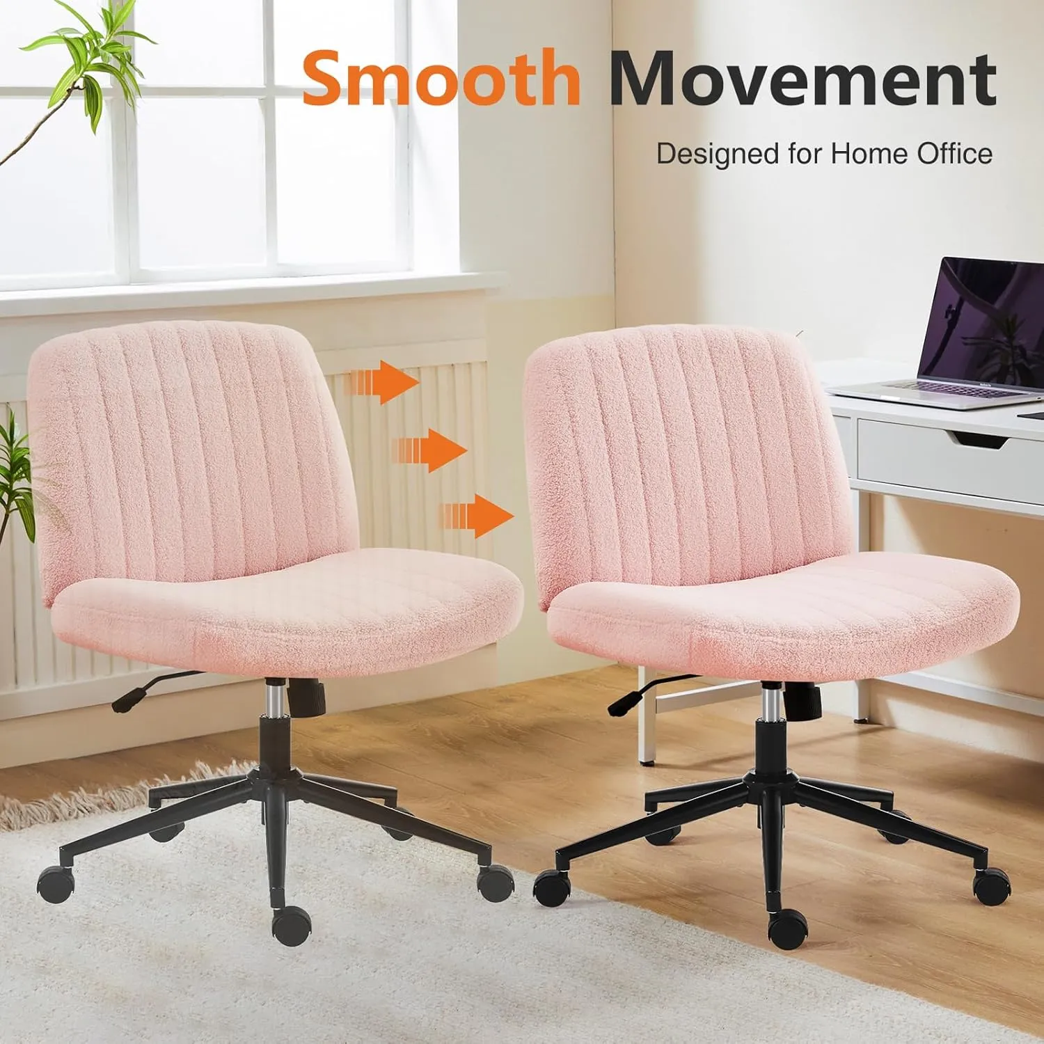 Sweetcrispy Criss Cross Chair Legged, Armless Office Swivel Desk Chair with Wheels, Vanity Height Adjustable Wide Seat Computer Task Seating - Teddy Pink