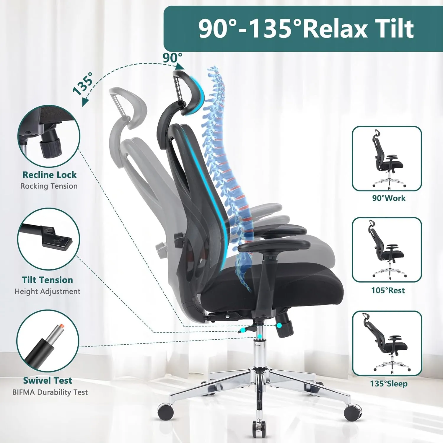 Sweetcrispy Home Office Desk Chair, Ergonomic Rolling Work Swivel High Back 135°Tilt Function Big and Tall Computer with Wheels, 2D Armrest Adjustable Lumbar Support & Headres, Dark Black