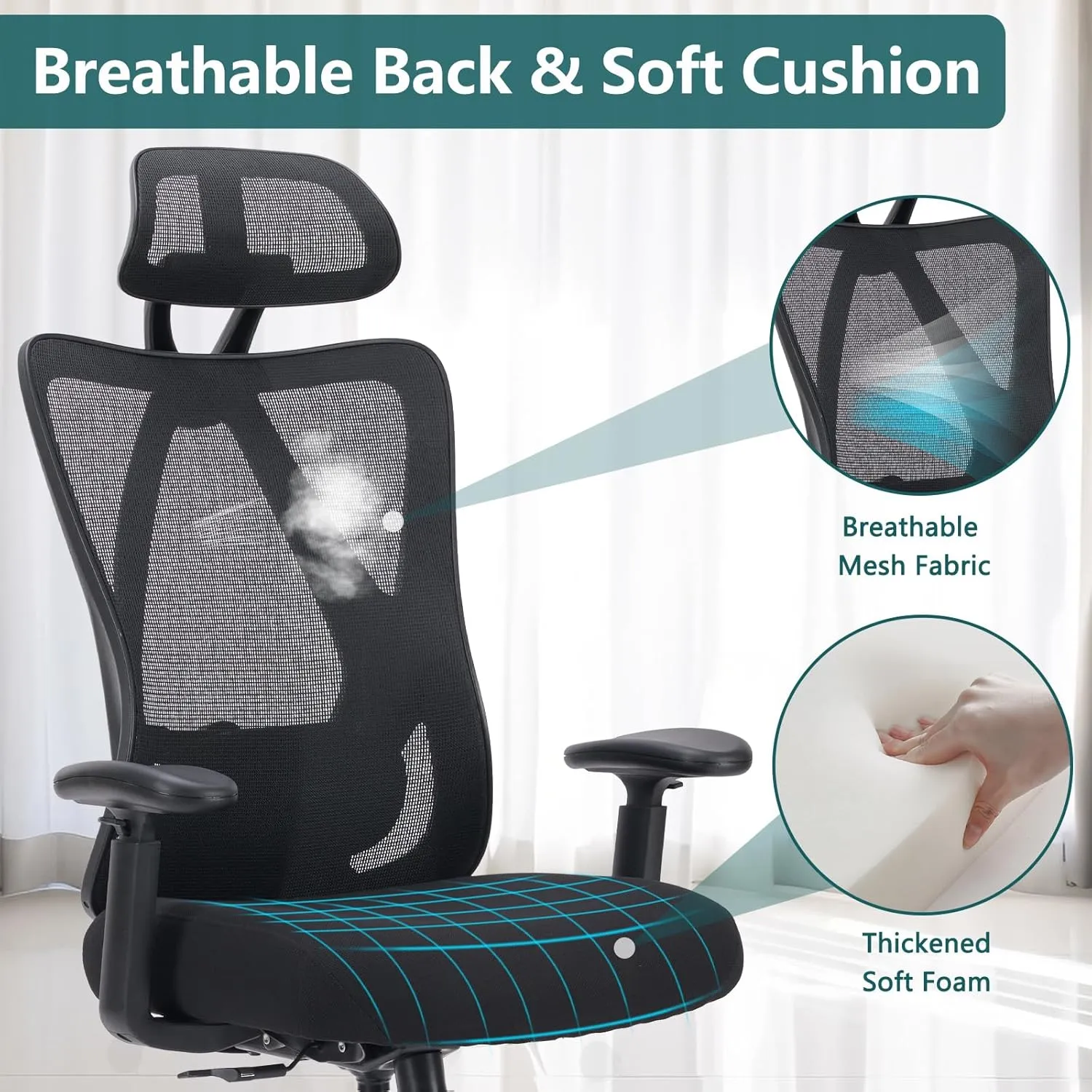 Sweetcrispy Home Office Desk Chair, Ergonomic Rolling Work Swivel High Back 135°Tilt Function Big and Tall Computer with Wheels, 2D Armrest Adjustable Lumbar Support & Headres, Dark Black