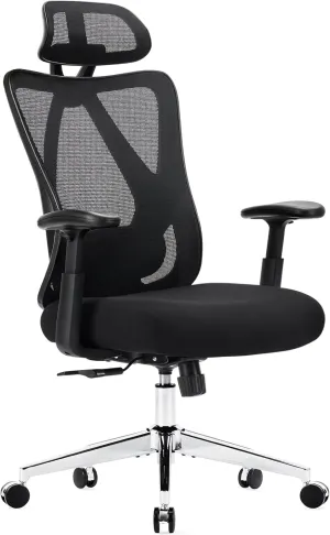 Sweetcrispy Home Office Desk Chair, Ergonomic Rolling Work Swivel High Back 135°Tilt Function Big and Tall Computer with Wheels, 2D Armrest Adjustable Lumbar Support & Headres, Dark Black