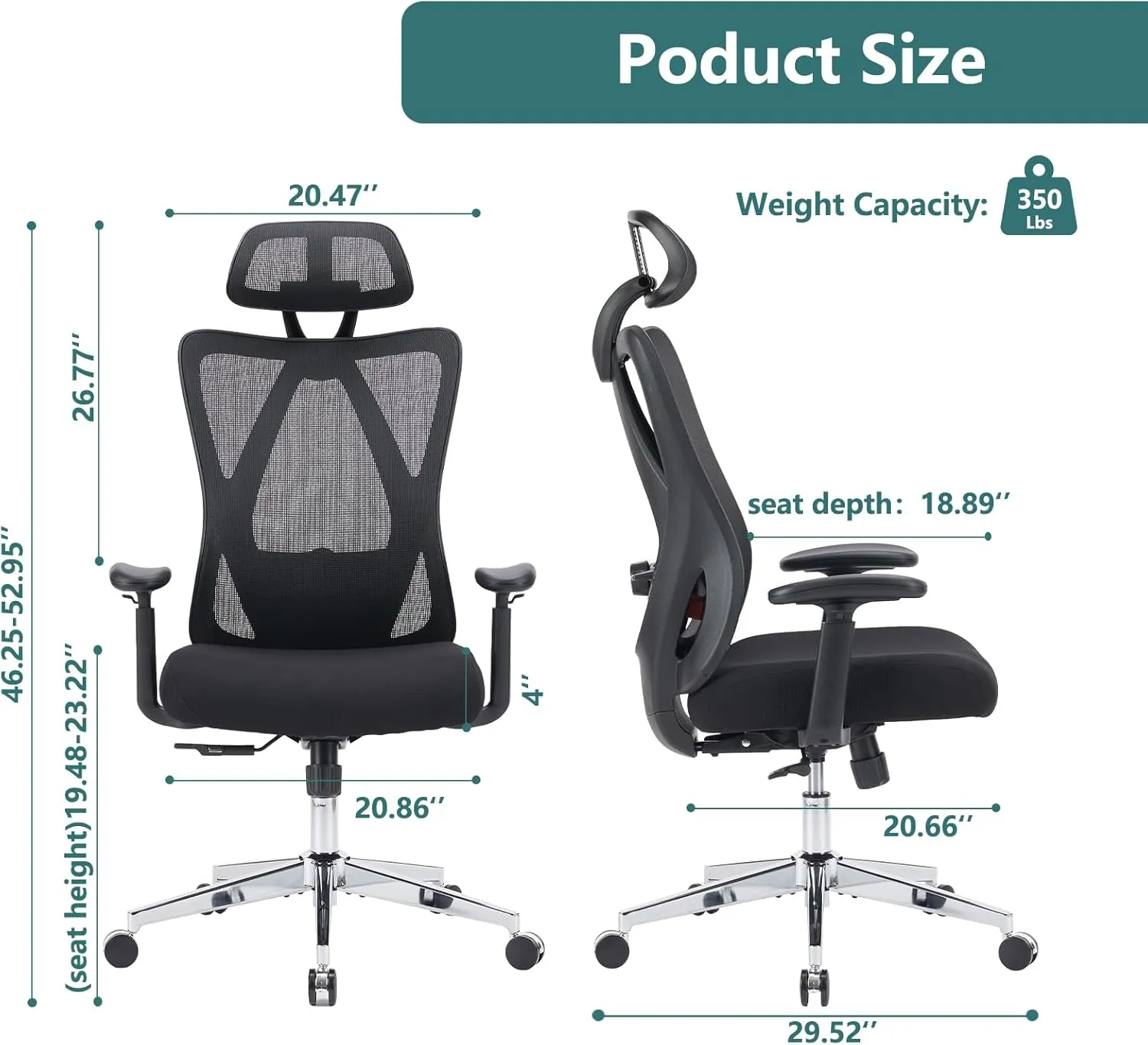 Sweetcrispy Home Office Desk Chair, Ergonomic Rolling Work Swivel High Back 135°Tilt Function Big and Tall Computer with Wheels, 2D Armrest Adjustable Lumbar Support & Headres, Dark Black
