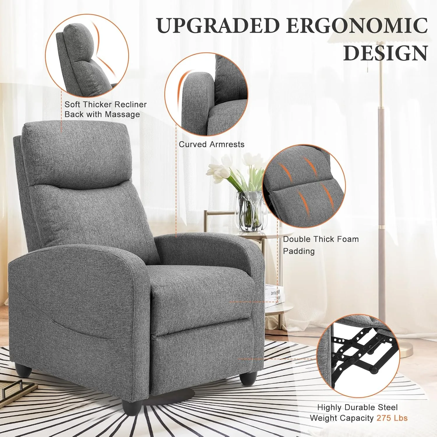 Sweetcrispy Massage Recliner Chair for Adults, Adjustable Home Theater Seating with Lumbar Support for Living Room, Modern Fabric Reclining, Light Grey
