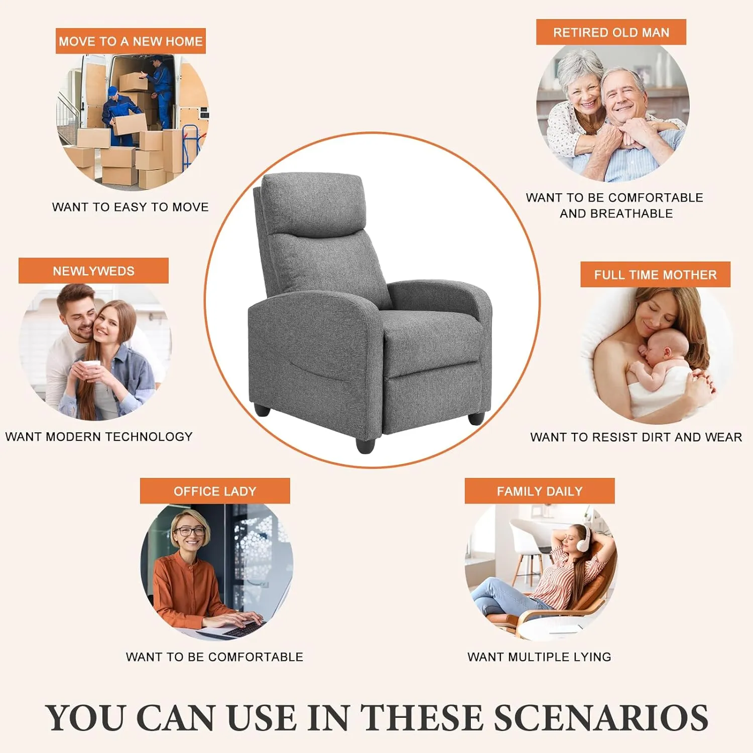 Sweetcrispy Massage Recliner Chair for Adults, Adjustable Home Theater Seating with Lumbar Support for Living Room, Modern Fabric Reclining, Light Grey