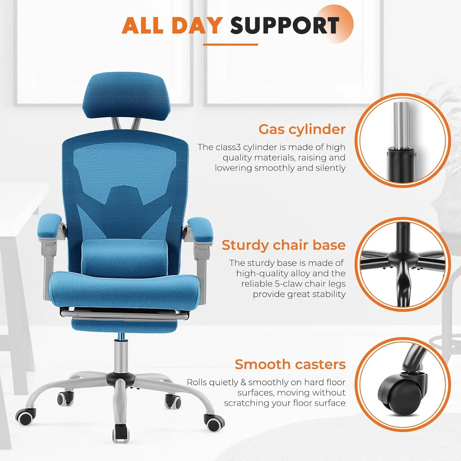 Sweetcrispy Office Computer Desk Chair, Ergonomic High-Back Mesh Rolling Work Swivel Chairs with Wheels, Comfortable Lumbar Support, Comfy Arms for Home, Bedroom, Study, Student, Blue