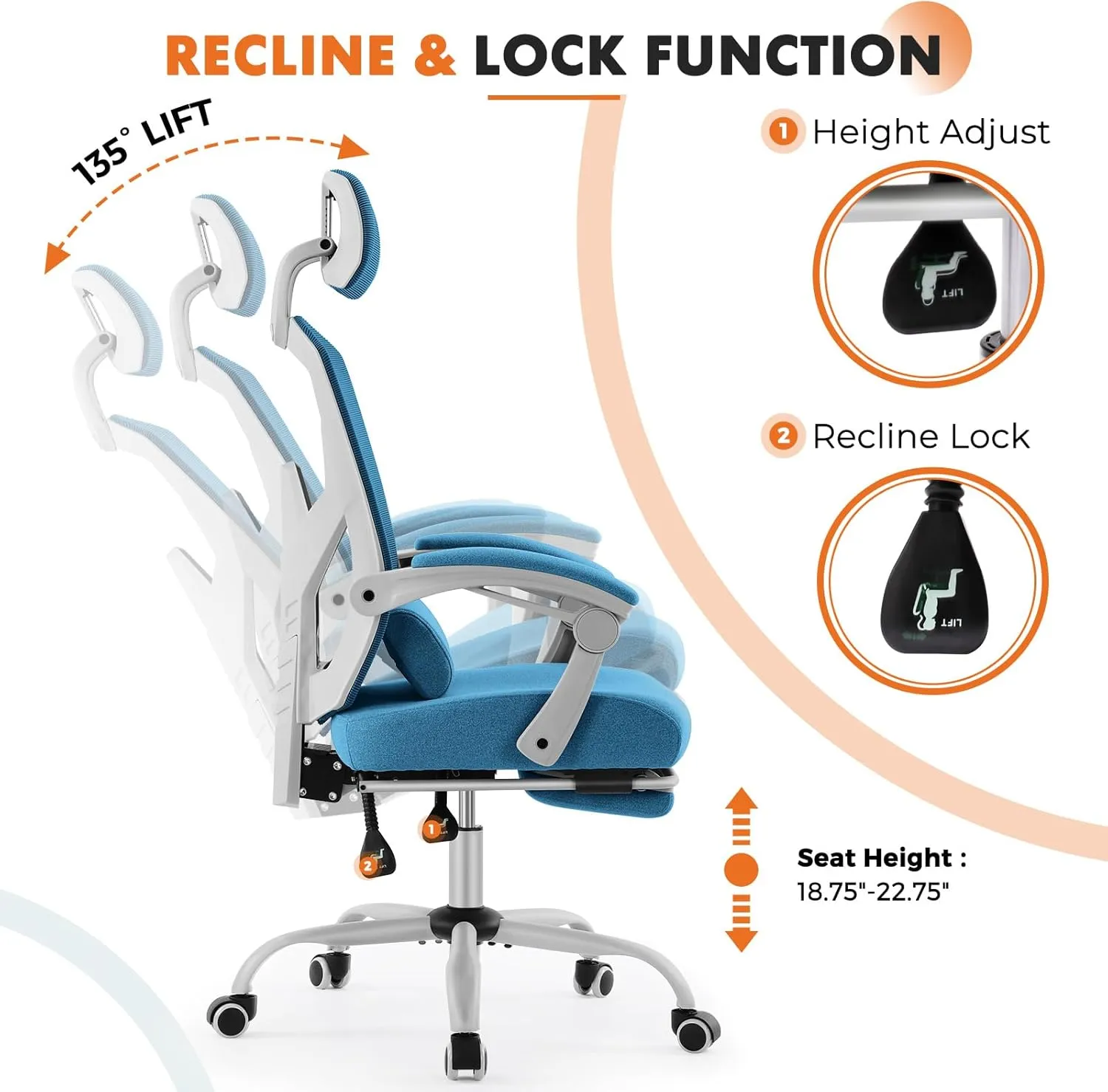 Sweetcrispy Office Computer Desk Chair, Ergonomic High-Back Mesh Rolling Work Swivel Chairs with Wheels, Comfortable Lumbar Support, Comfy Arms for Home, Bedroom, Study, Student, Blue