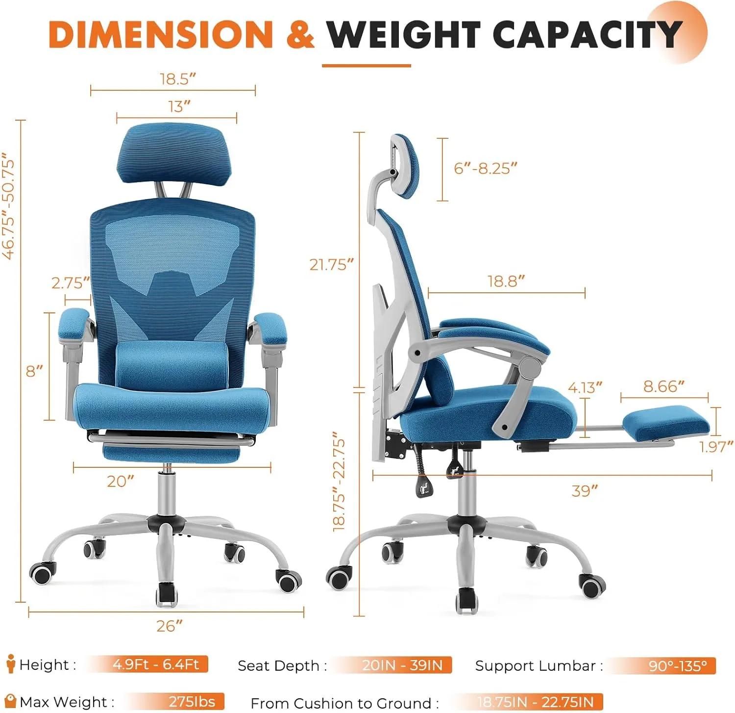 Sweetcrispy Office Computer Desk Chair, Ergonomic High-Back Mesh Rolling Work Swivel Chairs with Wheels, Comfortable Lumbar Support, Comfy Arms for Home, Bedroom, Study, Student, Blue