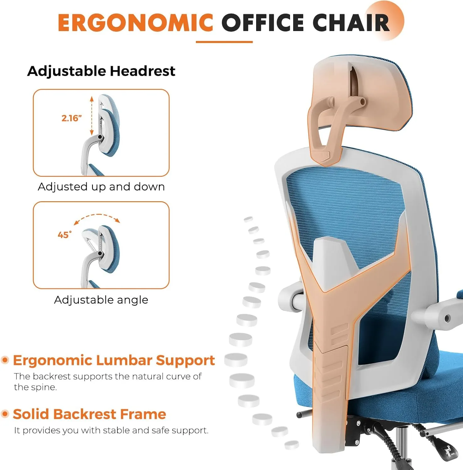Sweetcrispy Office Computer Desk Chair, Ergonomic High-Back Mesh Rolling Work Swivel Chairs with Wheels, Comfortable Lumbar Support, Comfy Arms for Home, Bedroom, Study, Student, Blue