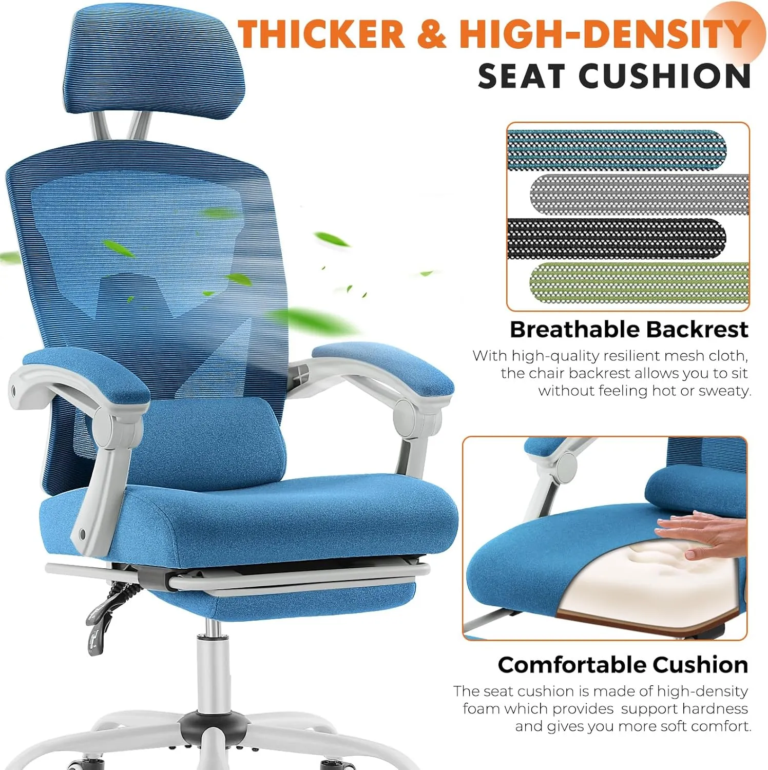 Sweetcrispy Office Computer Desk Chair, Ergonomic High-Back Mesh Rolling Work Swivel Chairs with Wheels, Comfortable Lumbar Support, Comfy Arms for Home, Bedroom, Study, Student, Blue