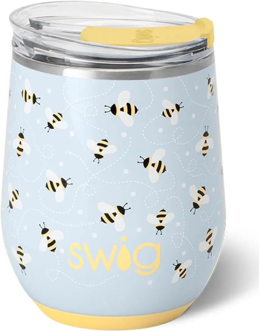 Swig Life 12oz Wine Tumbler with Lid, Stainless Steel, Dishwasher Safe, Portable, Triple Insulated Wine Tumbler (Busy Bee)