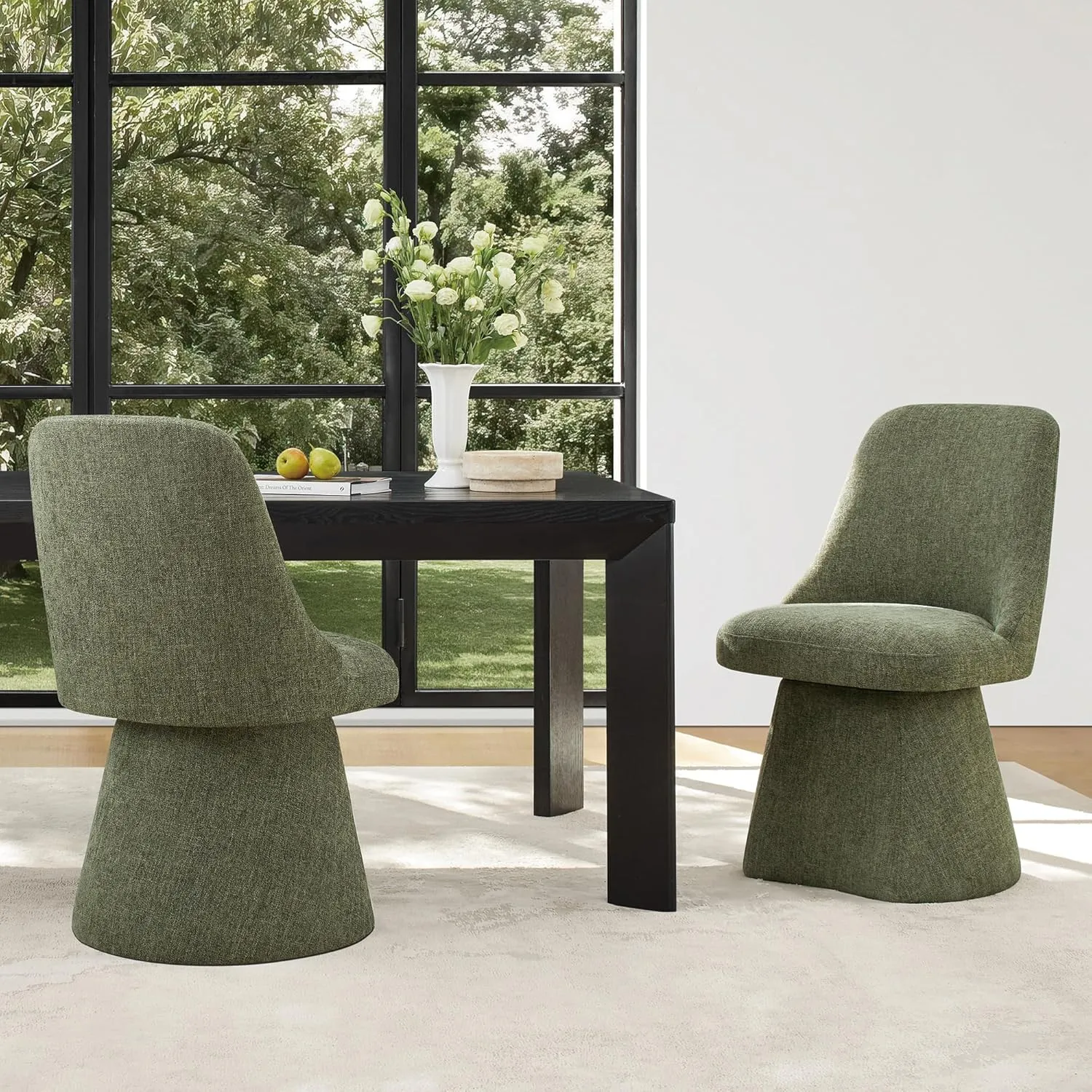 Swivel Dining Chair Mid Century Modern DeskChair High Back Upholstered Linen Fabric SideChair for Kitchen Diningroom Bedroom,Moss Green,2 Box