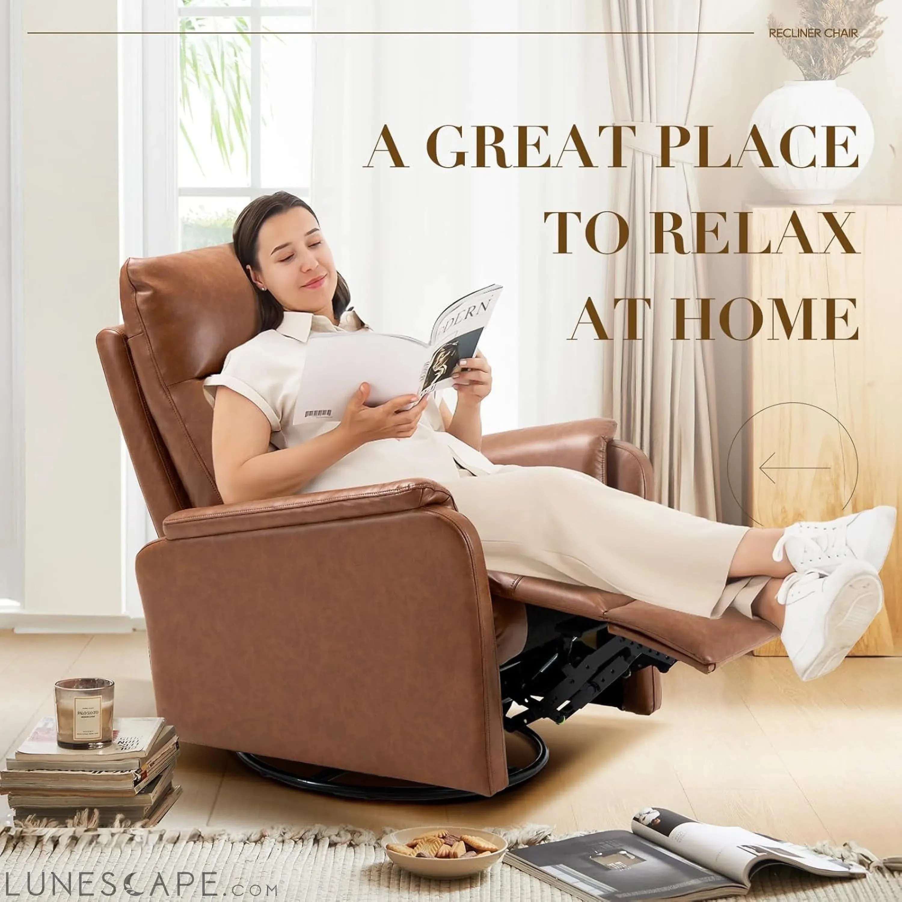 Swivel Rocking Recliner Glider Chair, Leather Nursery Reclining Rocker