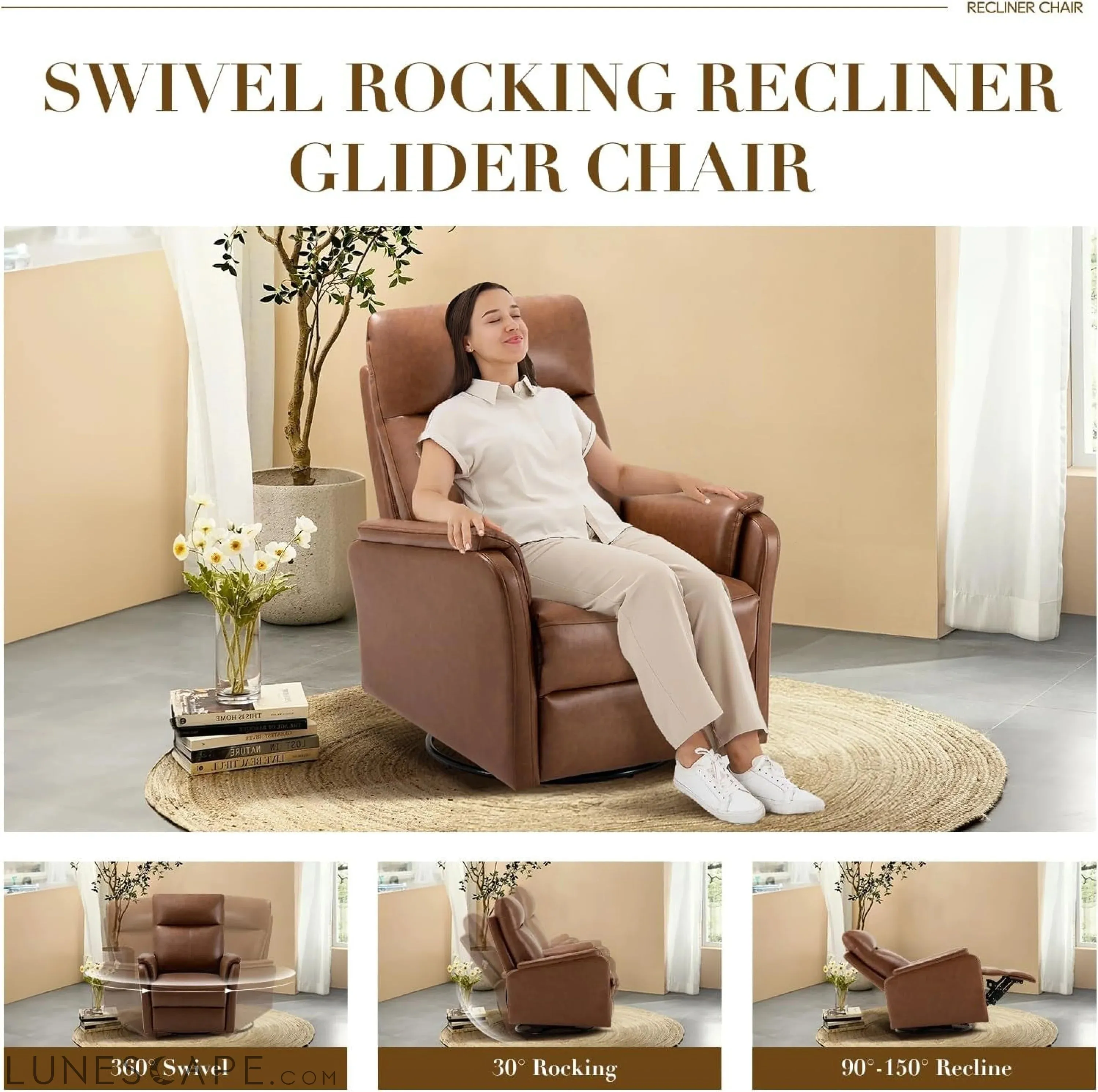 Swivel Rocking Recliner Glider Chair, Leather Nursery Reclining Rocker