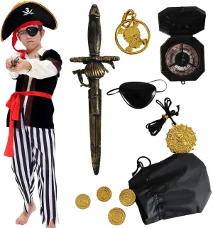 Tacobear Pirate Costume Kids Boy Halloween Dress Up Costume & Pirate Hat Sword Eye Patch Compass Earring Purse Coin Medallion
