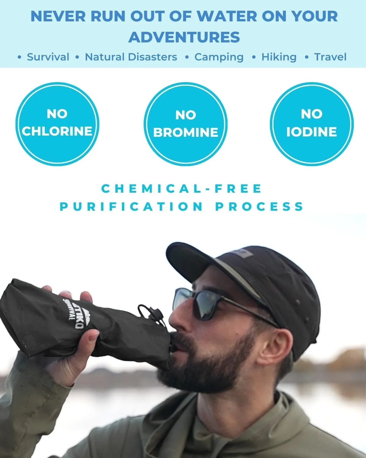 Tactiko 25oz. Purifying Water Bottle - UF Membrane, Activated Carbon Filter 265Gal. from Rivers, Streams - SGS Certified Personal Filter Straw - Camping, Emergency, Survival (Black)