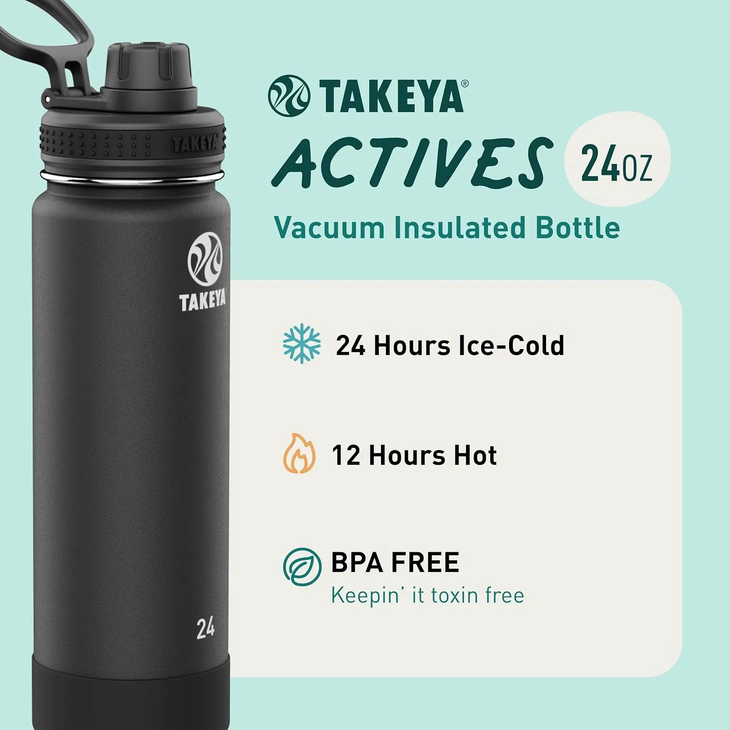 Takeya Actives Water Bottle with Spout Lid - Bottle with Double Stainless Steel Insulation - Dishwasher Safe & BPA-Free - Bottle with Spout Lid & Removable Bumper - 24 oz, Onyx