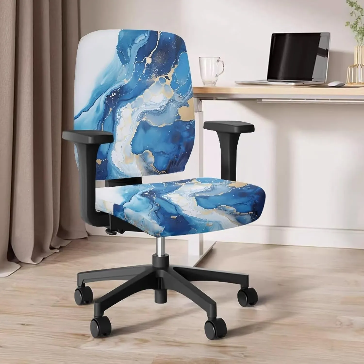 Talayituse Blue Marble Print Office Computer Chair Covers, Split Stretchable Seat Cover Removable & Washable Rotating Chair Protective Slipcover