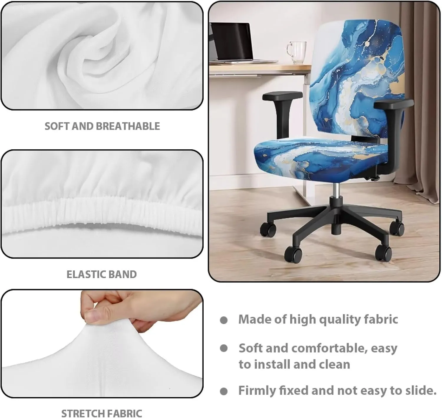 Talayituse Blue Marble Print Office Computer Chair Covers, Split Stretchable Seat Cover Removable & Washable Rotating Chair Protective Slipcover