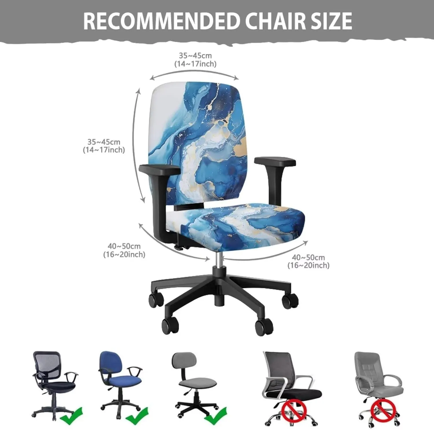 Talayituse Blue Marble Print Office Computer Chair Covers, Split Stretchable Seat Cover Removable & Washable Rotating Chair Protective Slipcover