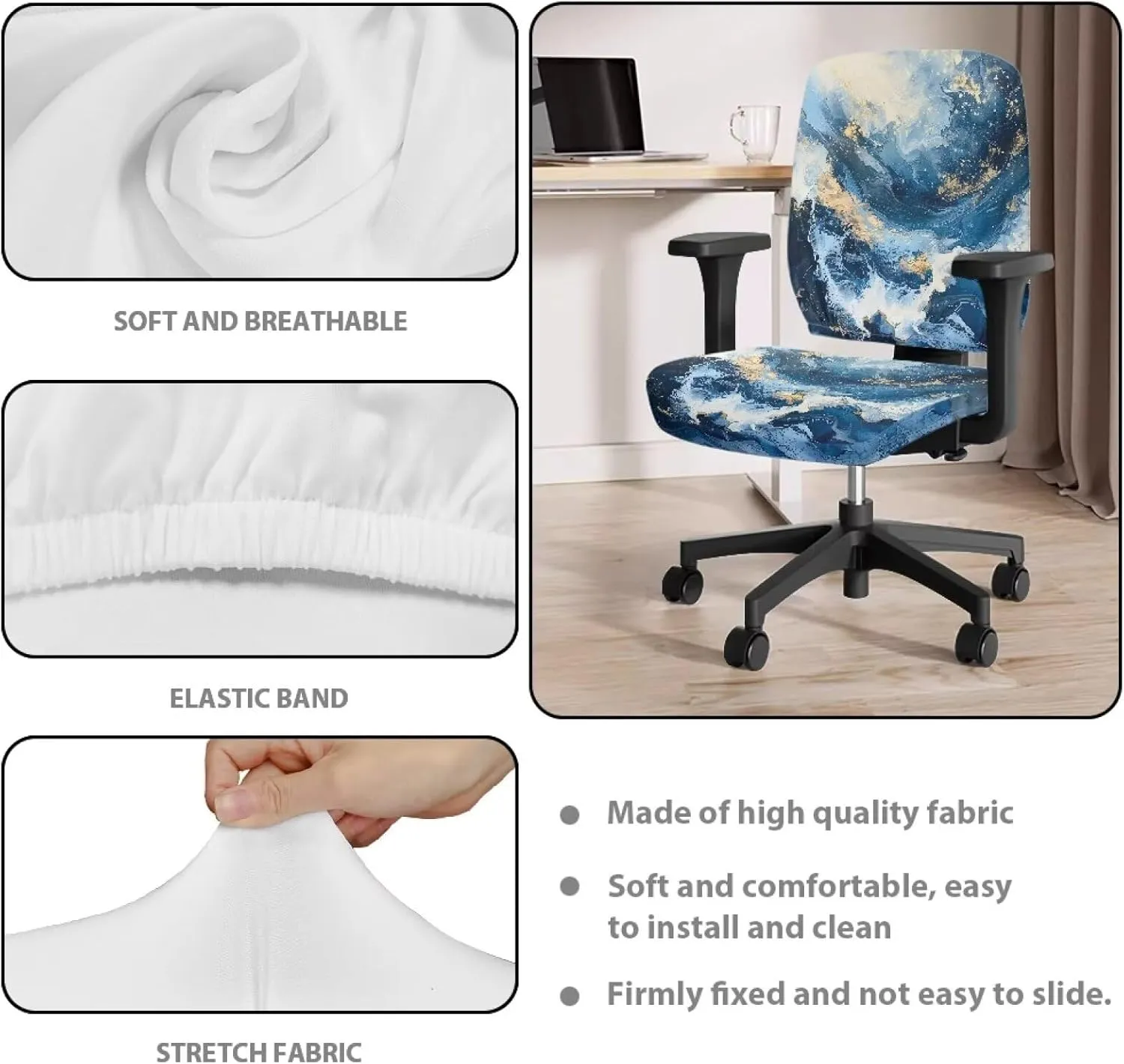 Talayituse Blue Marble Print Office Computer Chair Covers, Split Stretchable Seat Cover Removable & Washable Rotating Chair Protective Slipcover