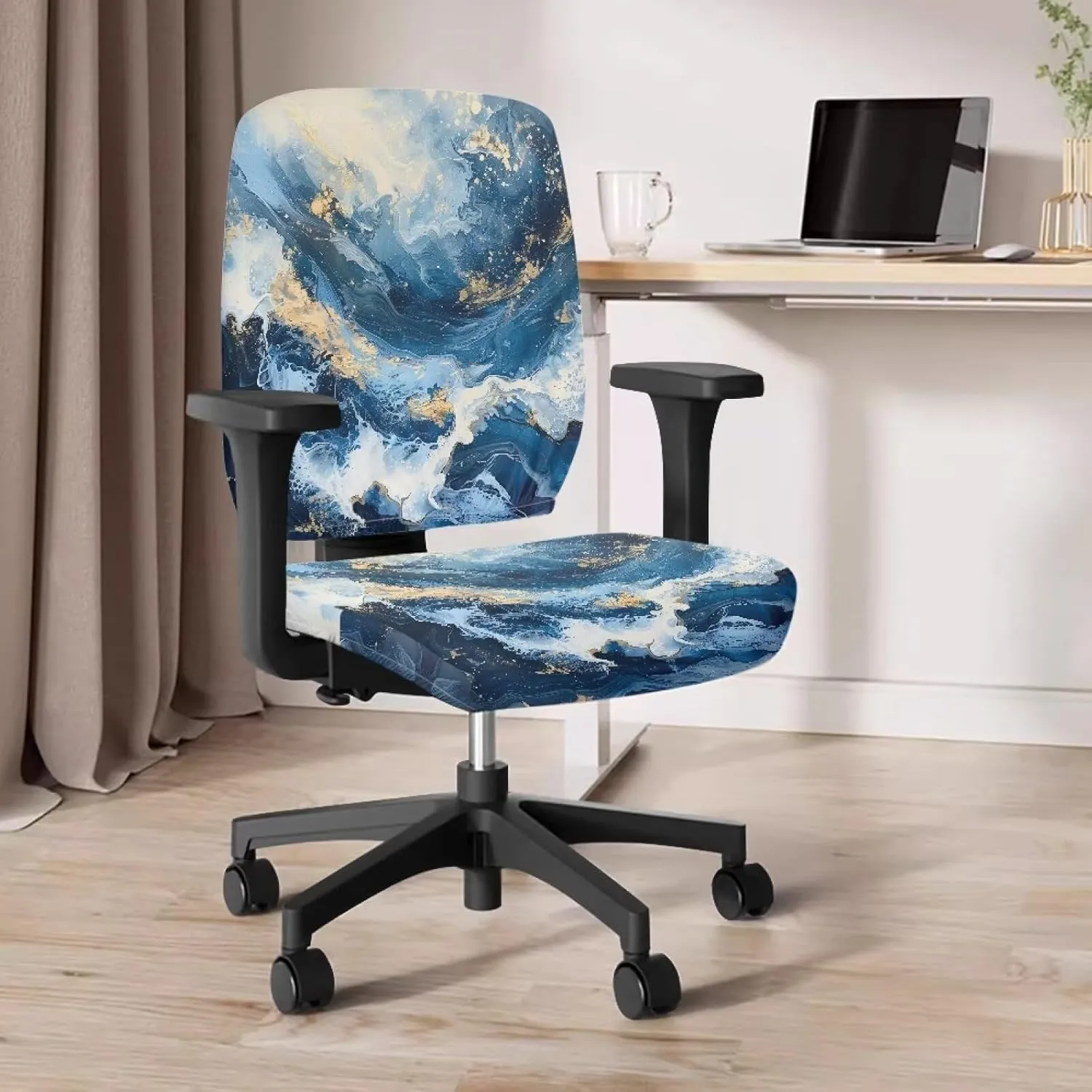 Talayituse Blue Marble Print Office Computer Chair Covers, Split Stretchable Seat Cover Removable & Washable Rotating Chair Protective Slipcover