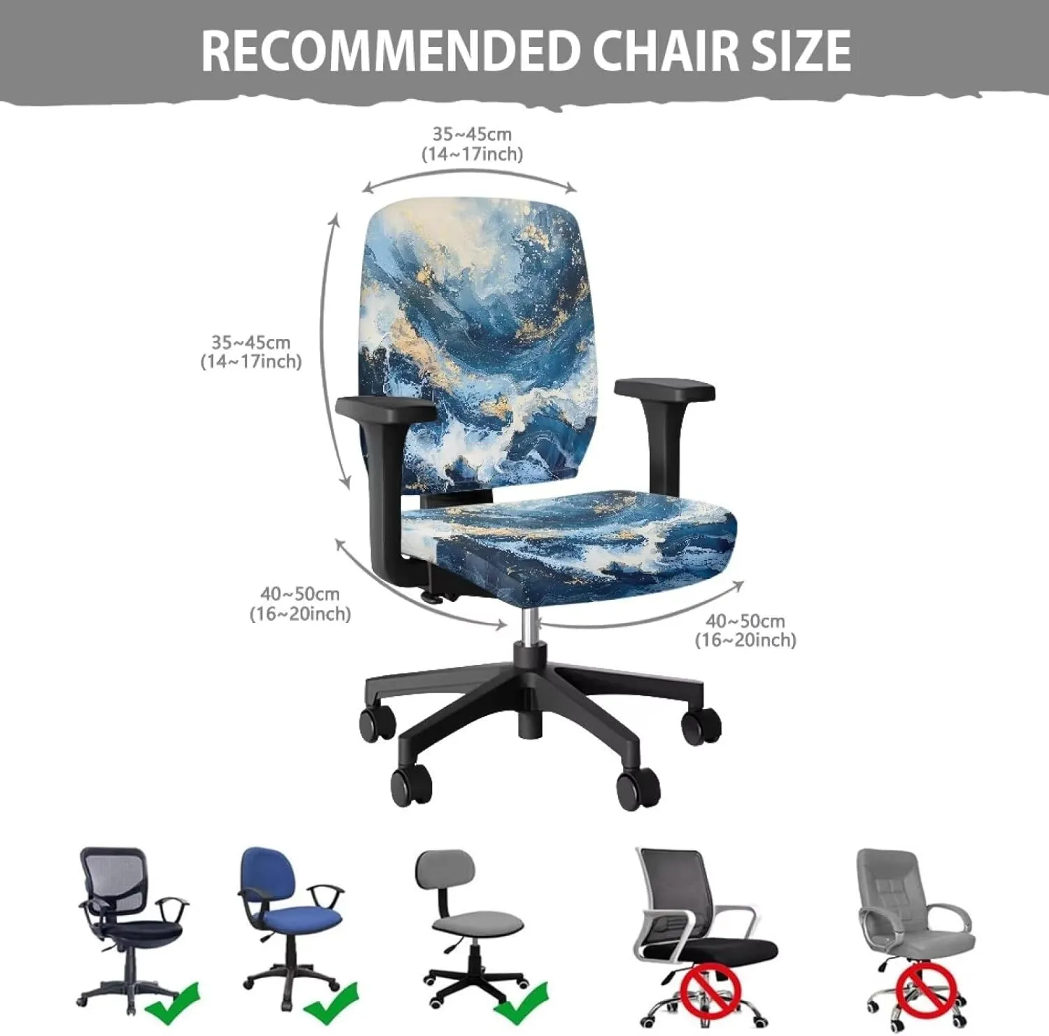 Talayituse Blue Marble Print Office Computer Chair Covers, Split Stretchable Seat Cover Removable & Washable Rotating Chair Protective Slipcover