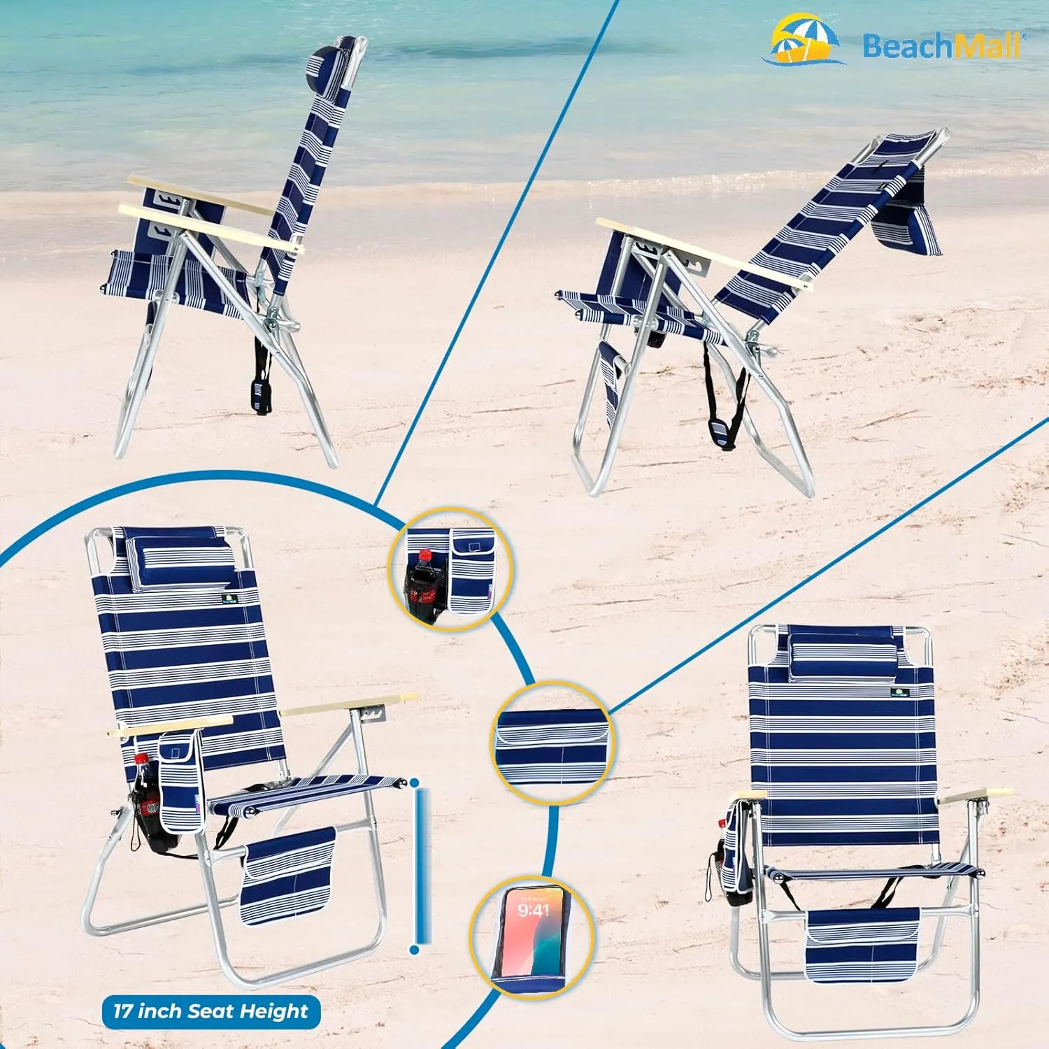 Tall Beach Chair for Adults - Reclining 17 Inch Seat Height, High Off Ground, High Back, 4 Reclining Positions, 250 lbs Capacity with Cup Holder