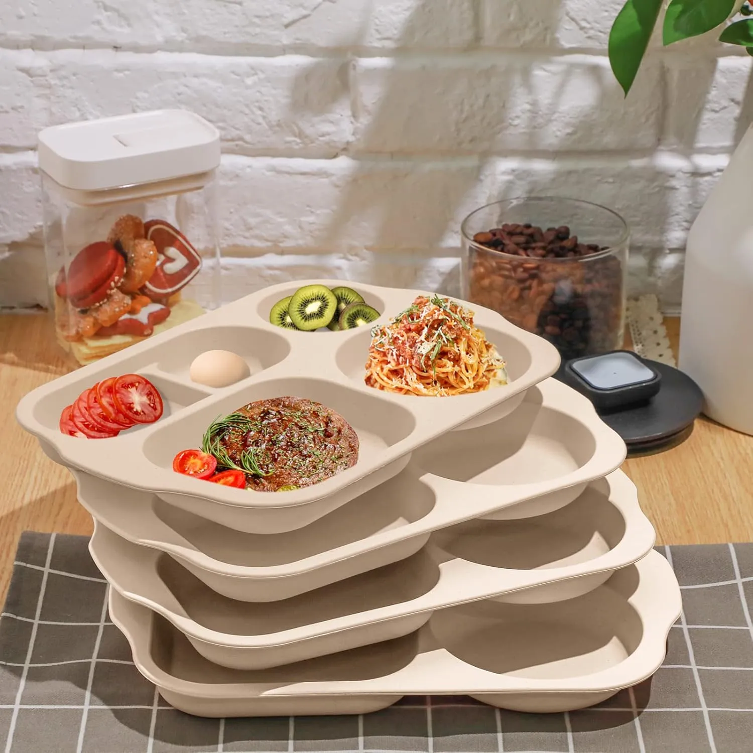 Tanglade 8 Pcs Divided 12" Compartment Plates - Wheat Straw Toddlers Lunch Trays for Adults, Microwave & Dishwasher Safe (Beige)